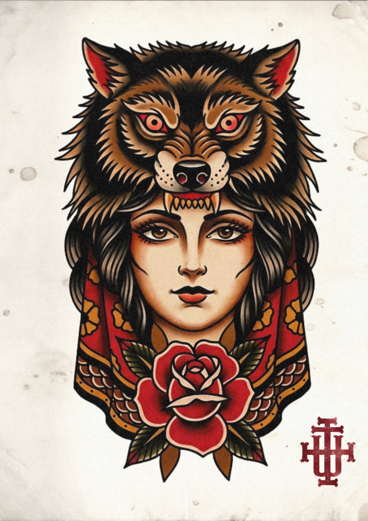 Traditional lady portrait wearing a wolf headdress with rose