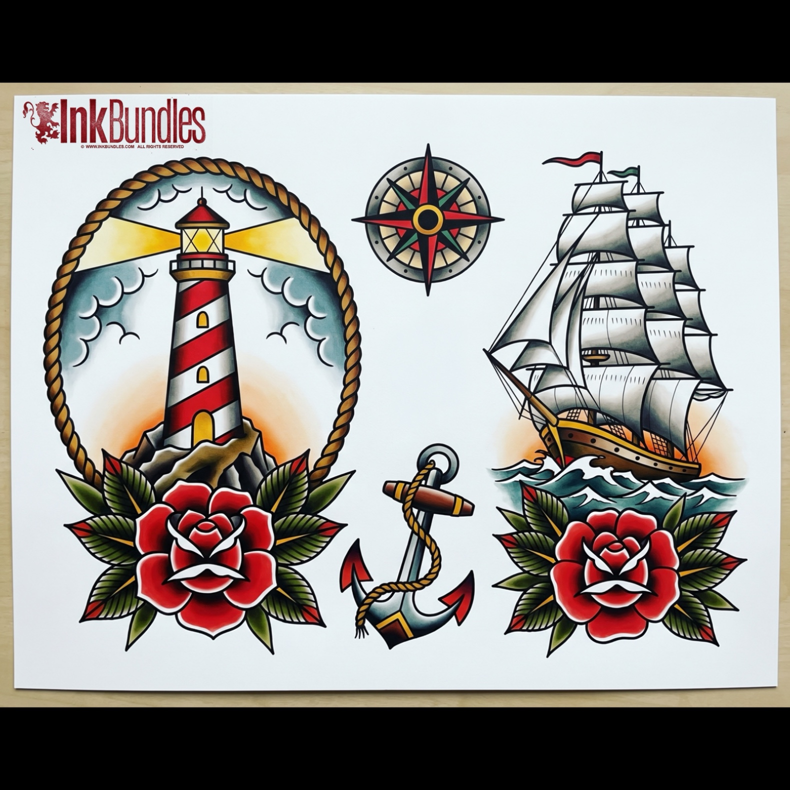 Traditional nautical tattoo flash sheet with lighthouse, ship, anchor and roses