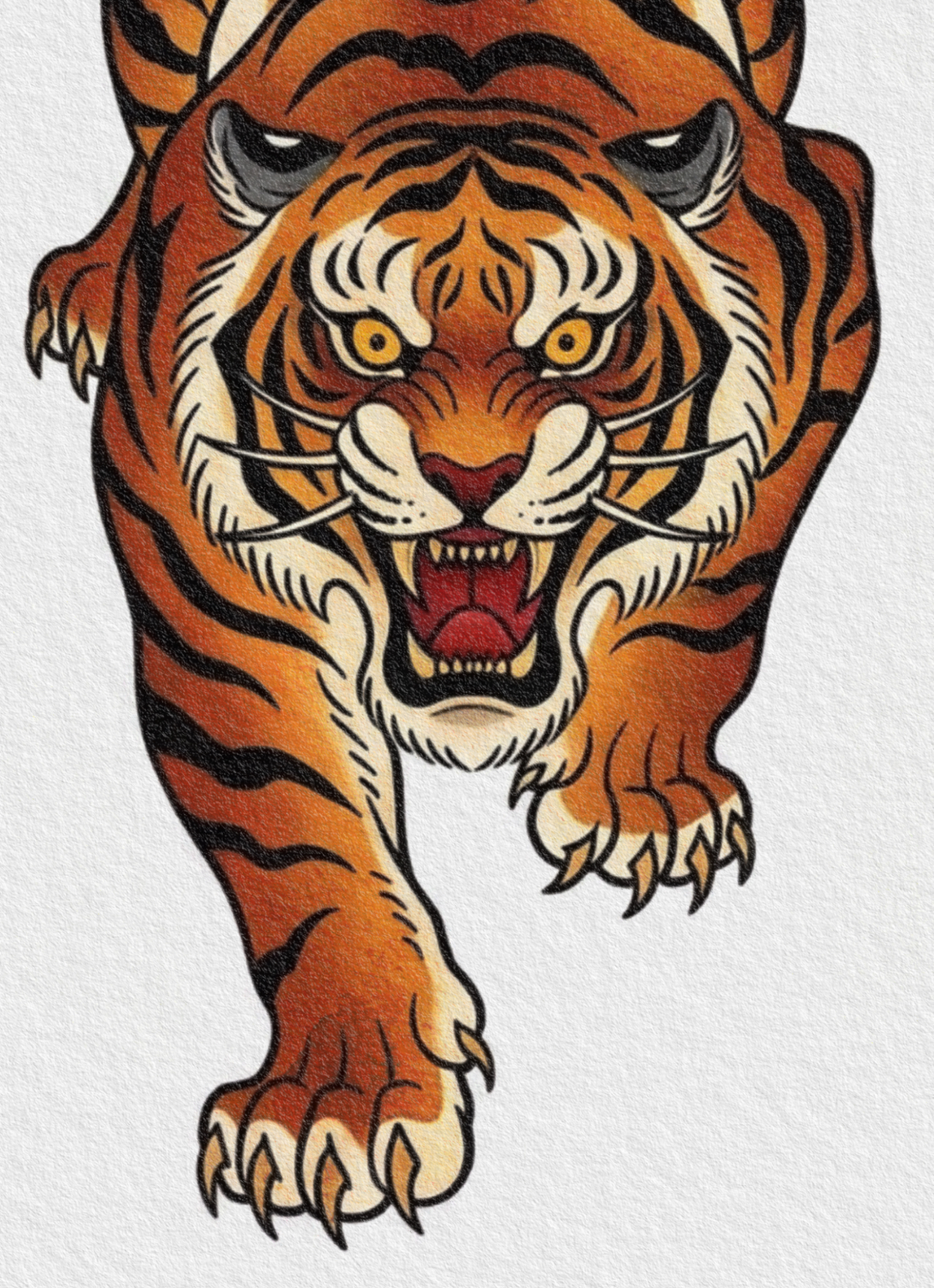 Traditional-style roaring tiger flash painted on the crisp canvas — showing paper grain, aged edges and realistic print depth.