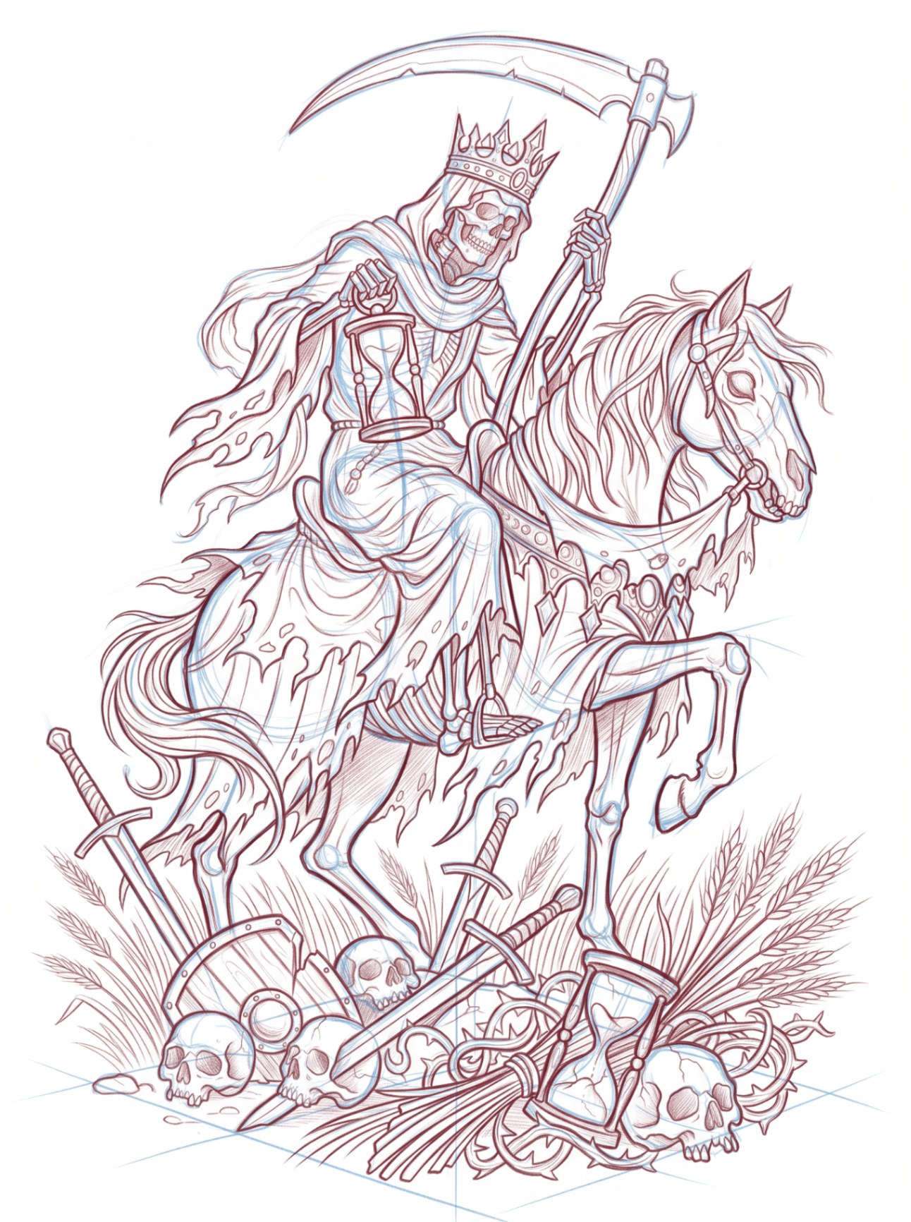 Original reaper sketch on horseback with scythe and crown