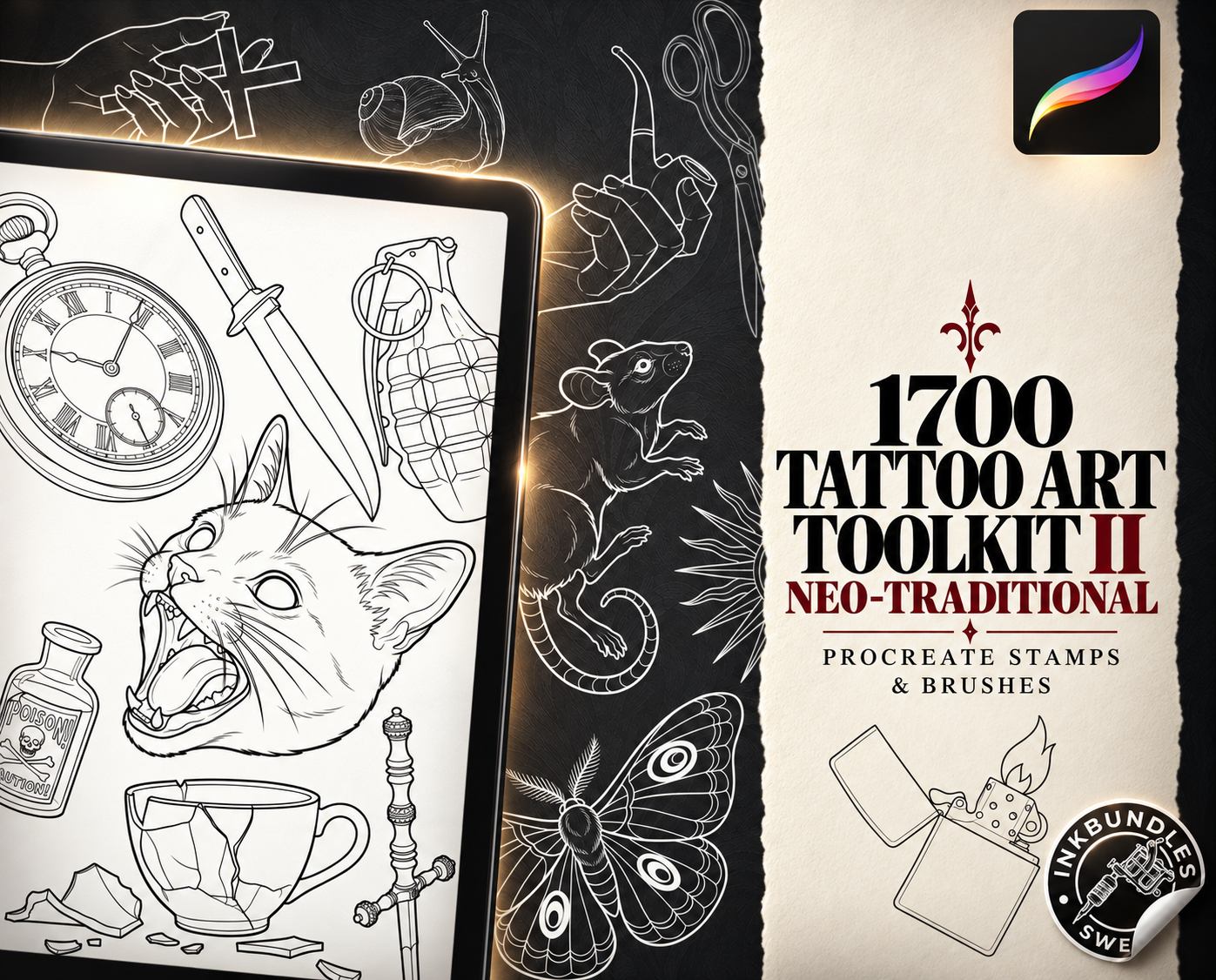 Tattoo Art Toolkit II: neo-traditional Procreate stamps and brushes, featuring animal and object line art