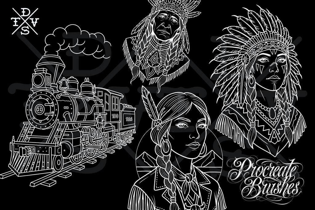 Procreate Tattoo Stamp Brushes, The Wild West (200 Designs)