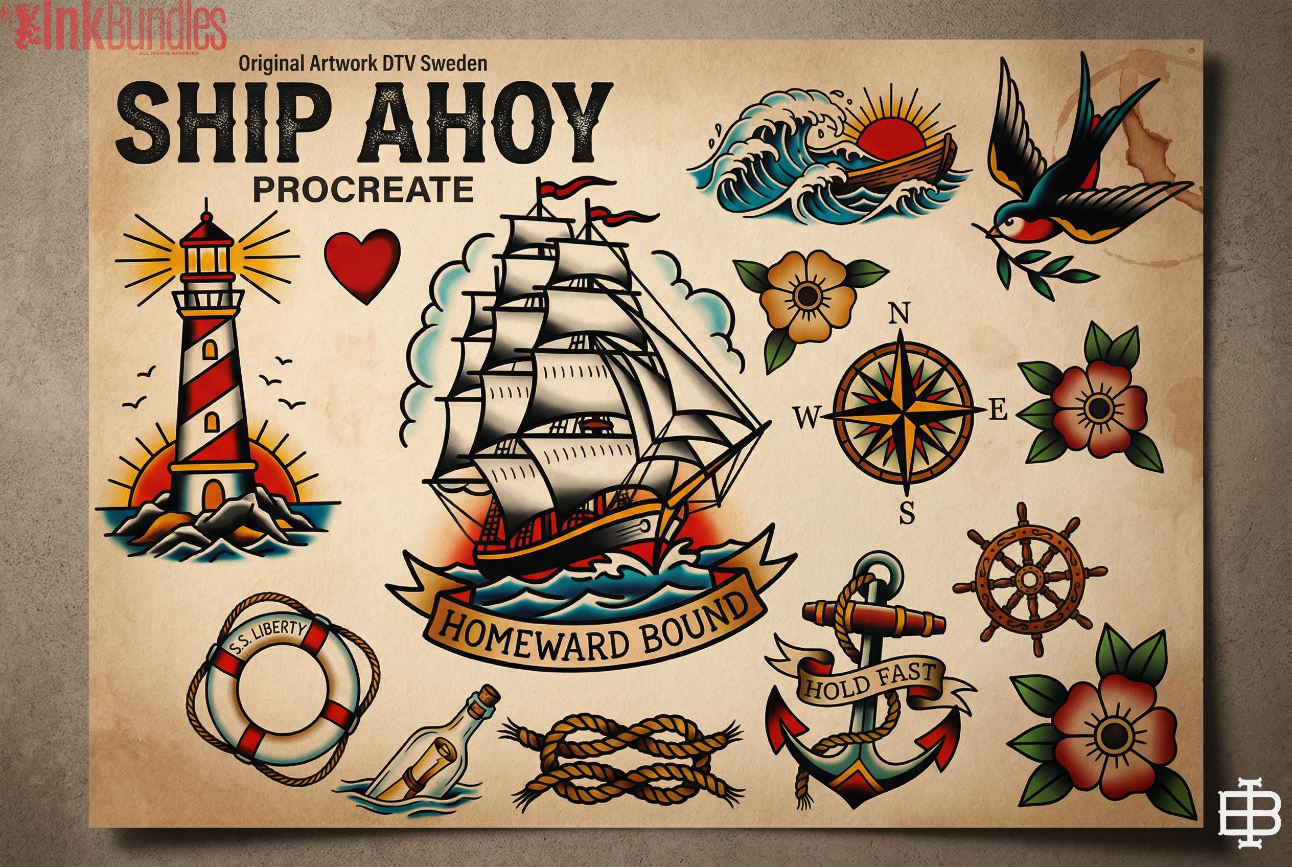Procreate, Ship Ahoy! 100+ tattos, outlined tattoo ideas, hand drawn art