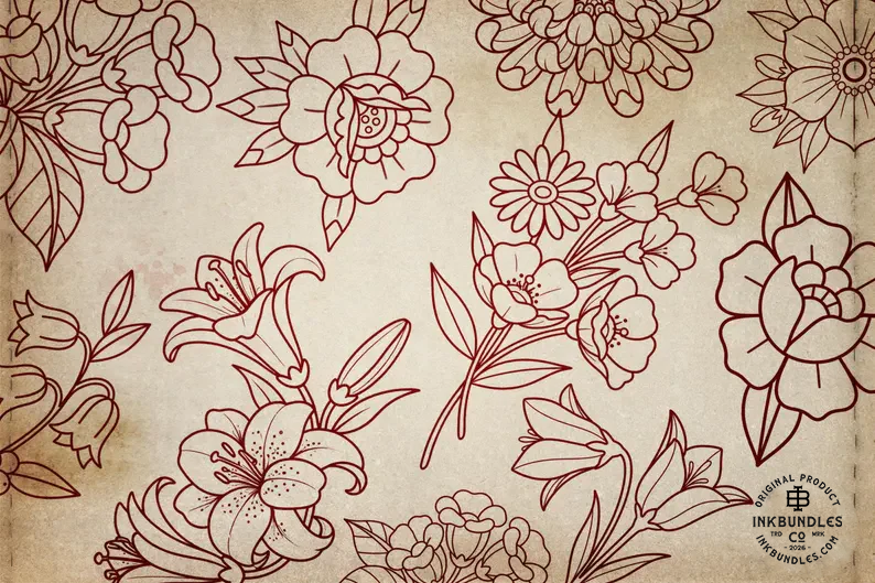 Neo-traditional flowers vol.2 - 100+ custom designs, digital download Procreate/Photoshop Stencils (Digital Download)