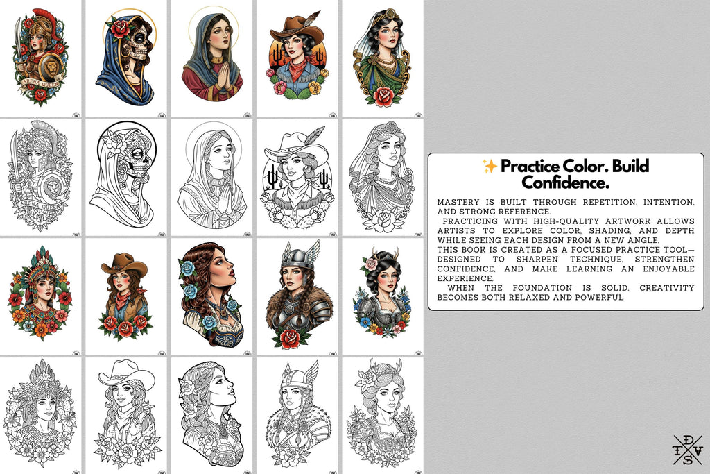 PDF, Tattoo Flash–Based Coloring Exercises vol.1 (Digital Download) 100 pages