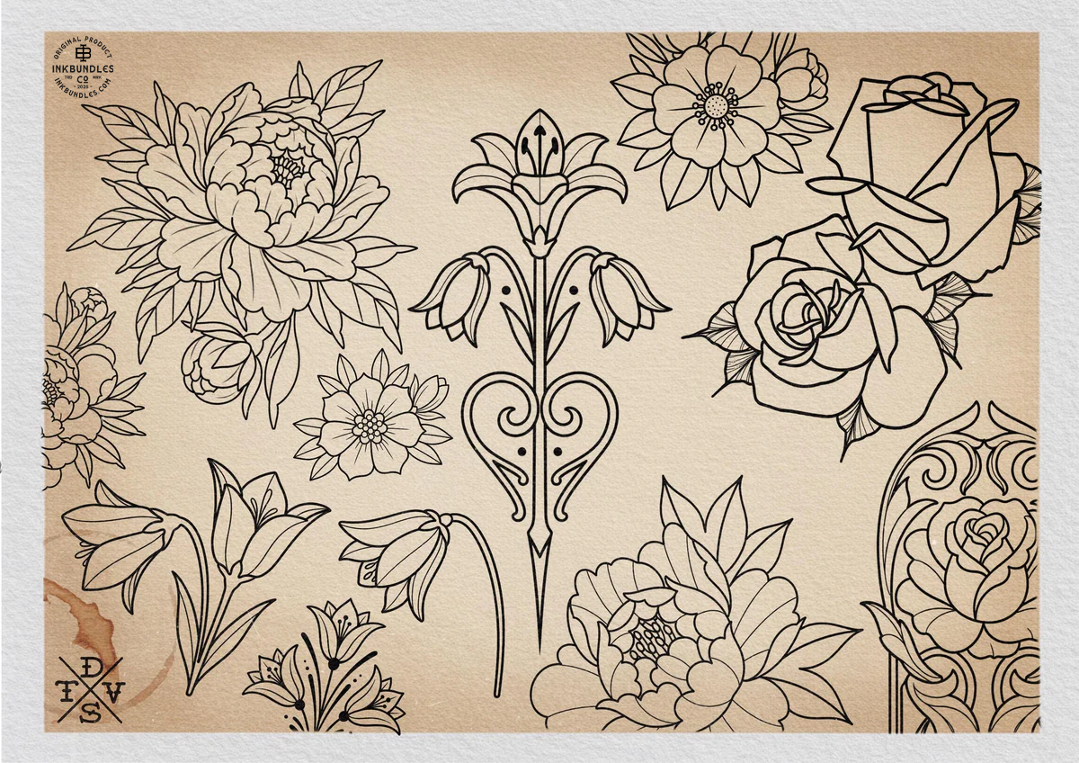 Neo-traditional flowers vol.2 - 100+ custom designs, digital download Procreate/Photoshop Stencils (Digital Download)