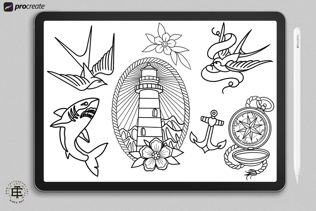 Procreate, Ship Ahoy! 100+ tattos, outlined tattoo ideas, hand drawn art