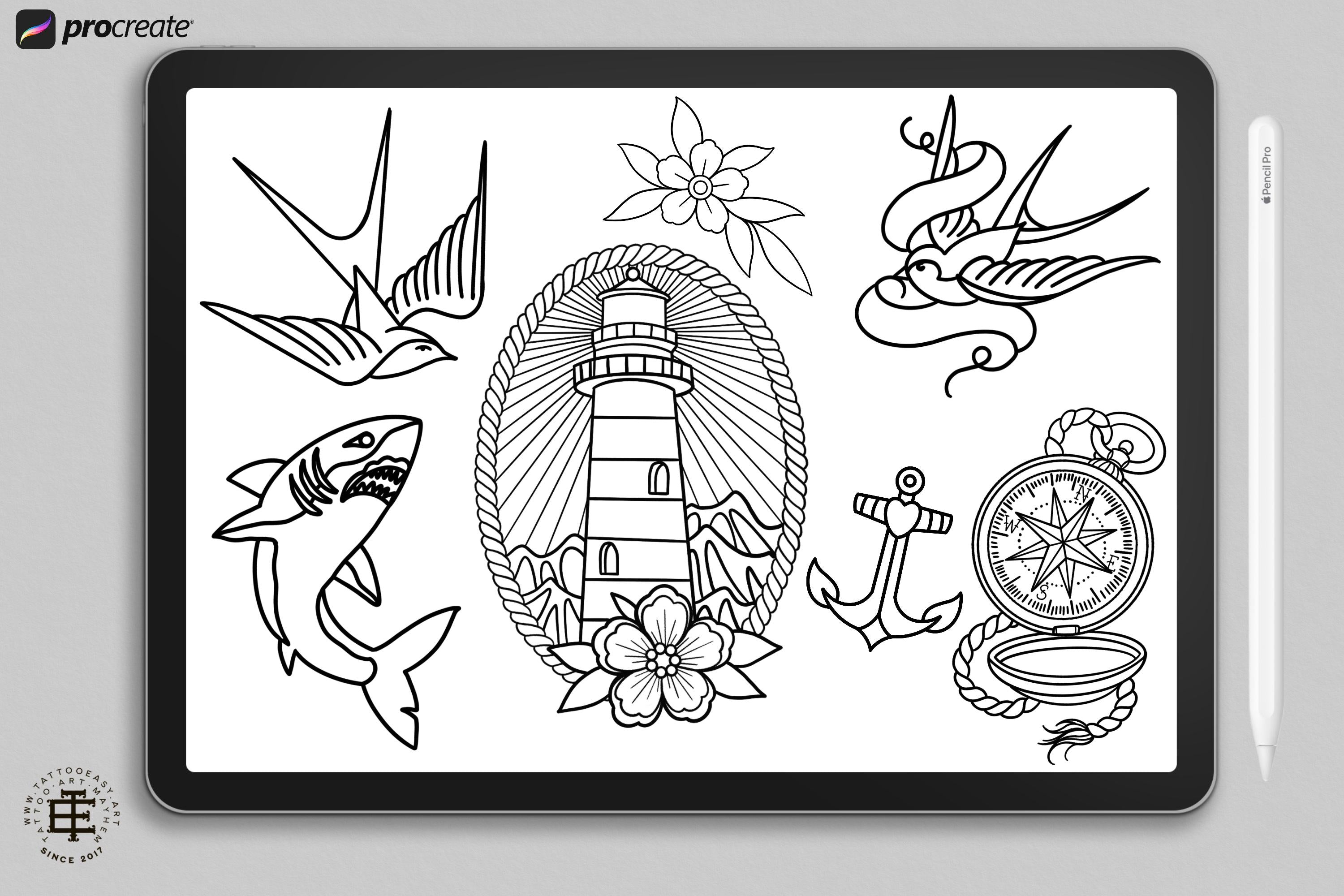 Procreate, Ship Ahoy! 100+ tattos, outlined tattoo ideas, hand drawn art