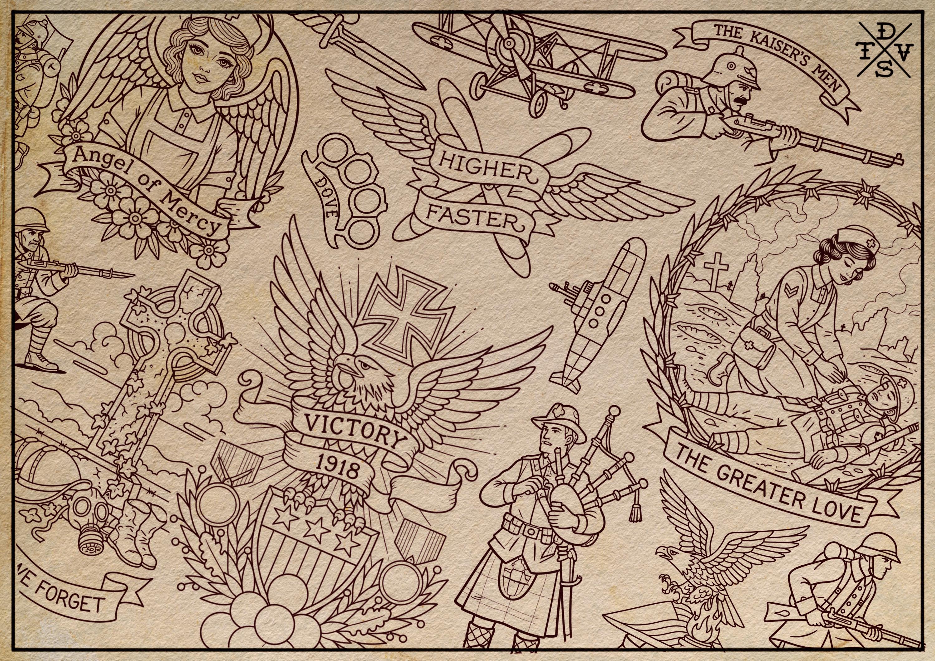 War Tattoo Stencils, 150+ designs, Procreate WW1 Art (Digital Download)