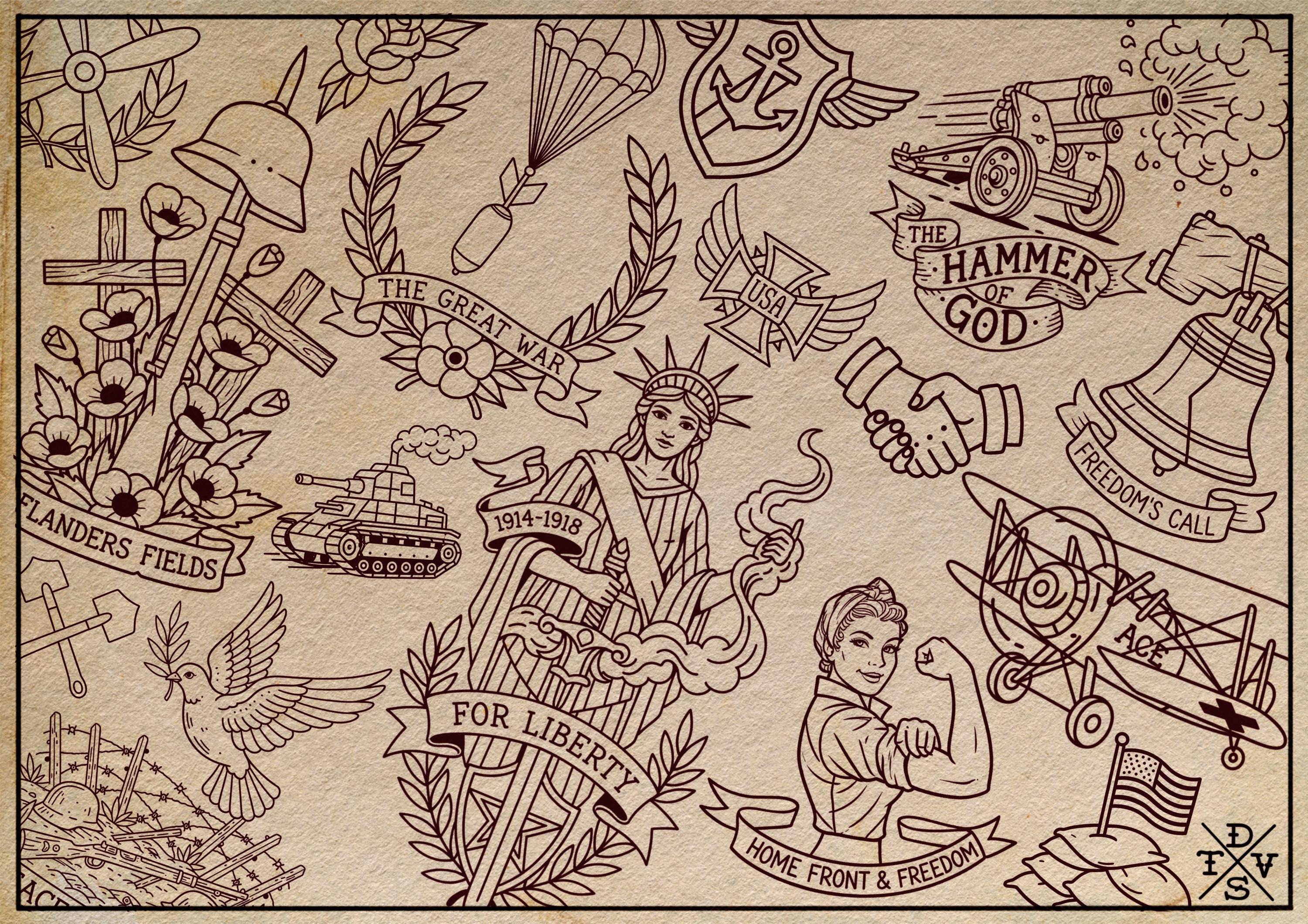 War Tattoo Stencils, 150+ designs, Procreate WW1 Art (Digital Download)