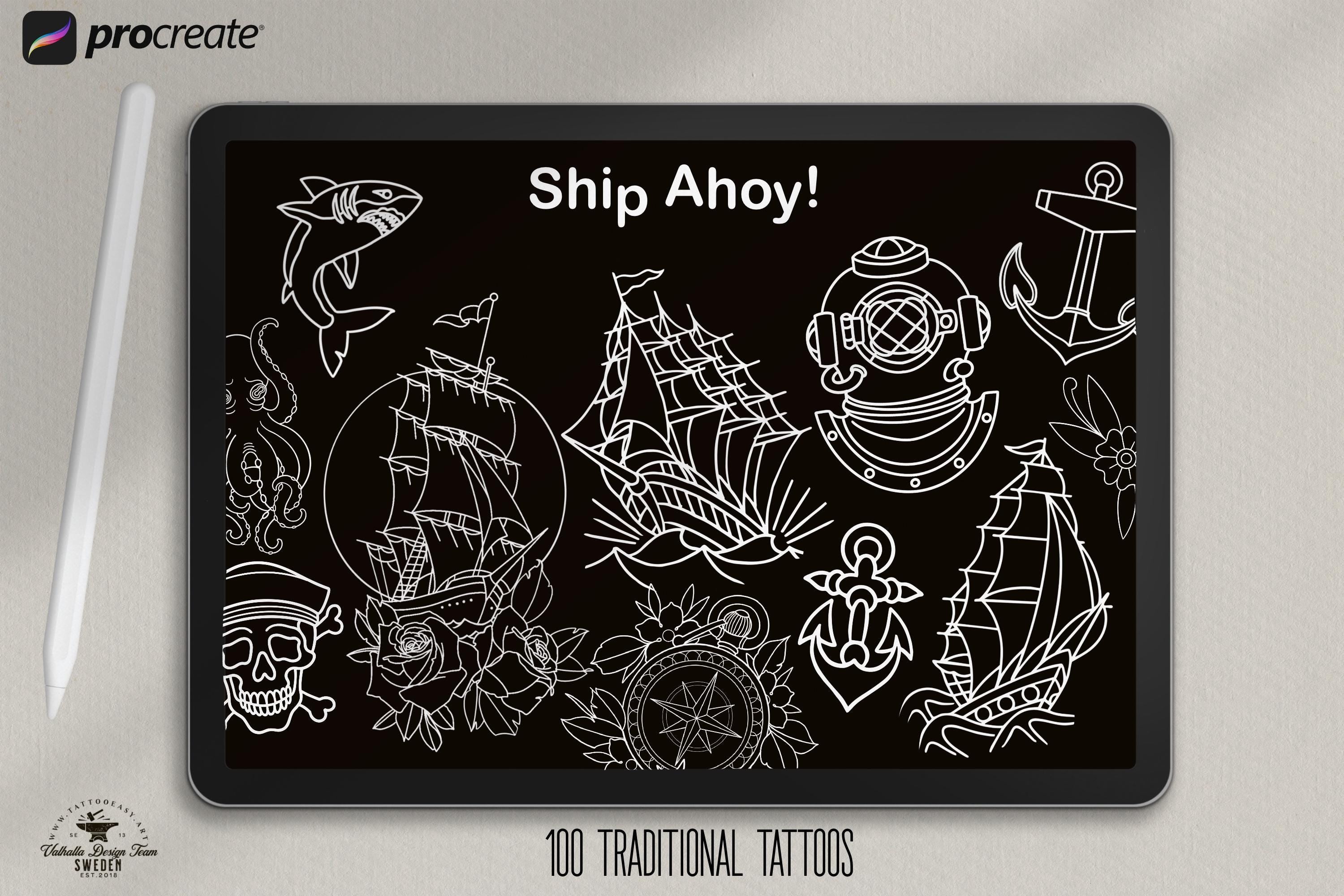 Procreate, Ship Ahoy! 100+ tattos, outlined tattoo ideas, hand drawn art