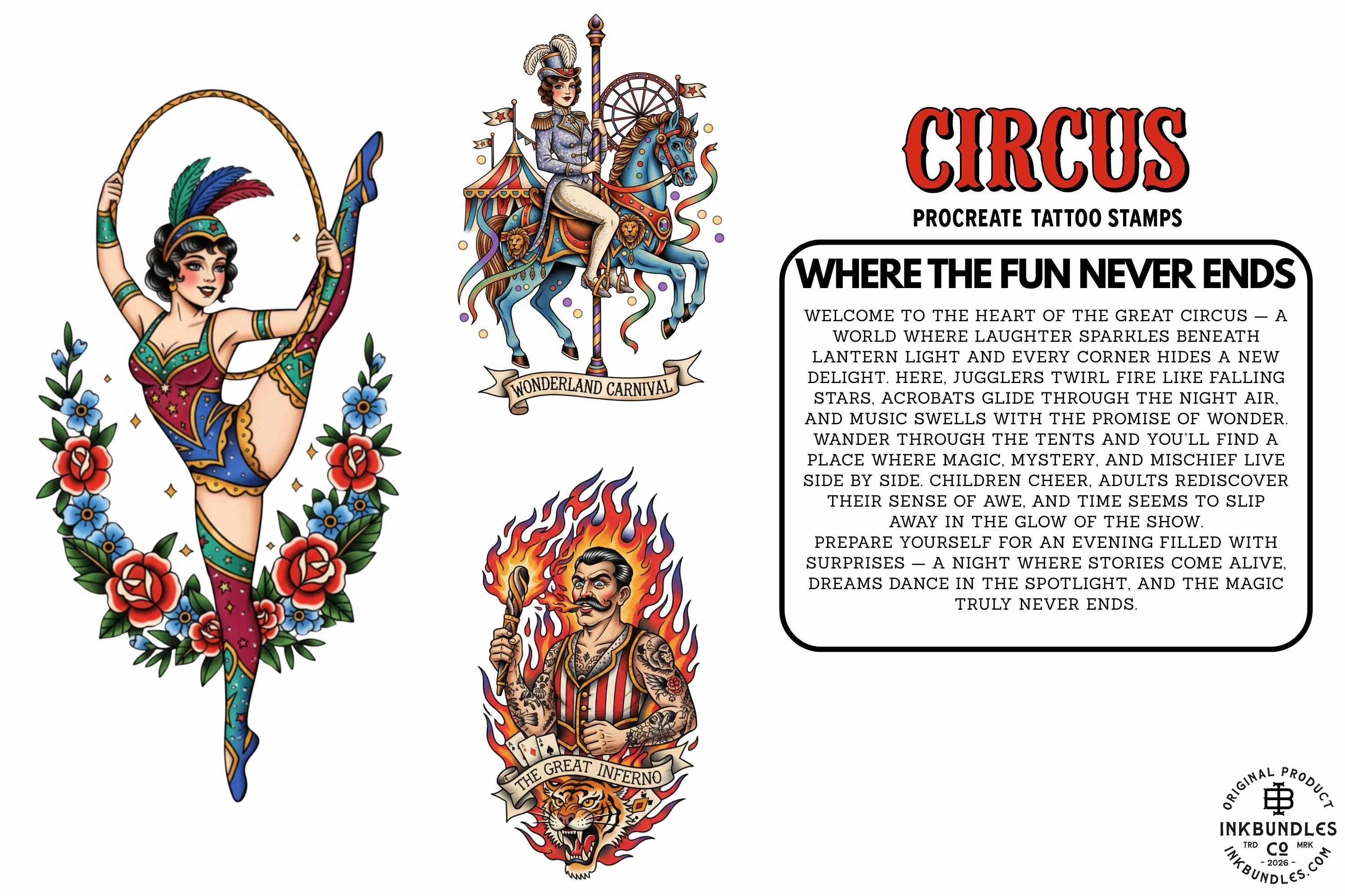 PDF, Circus Tattoo Stencils, Traditional Tattoo Art (Digital Download)