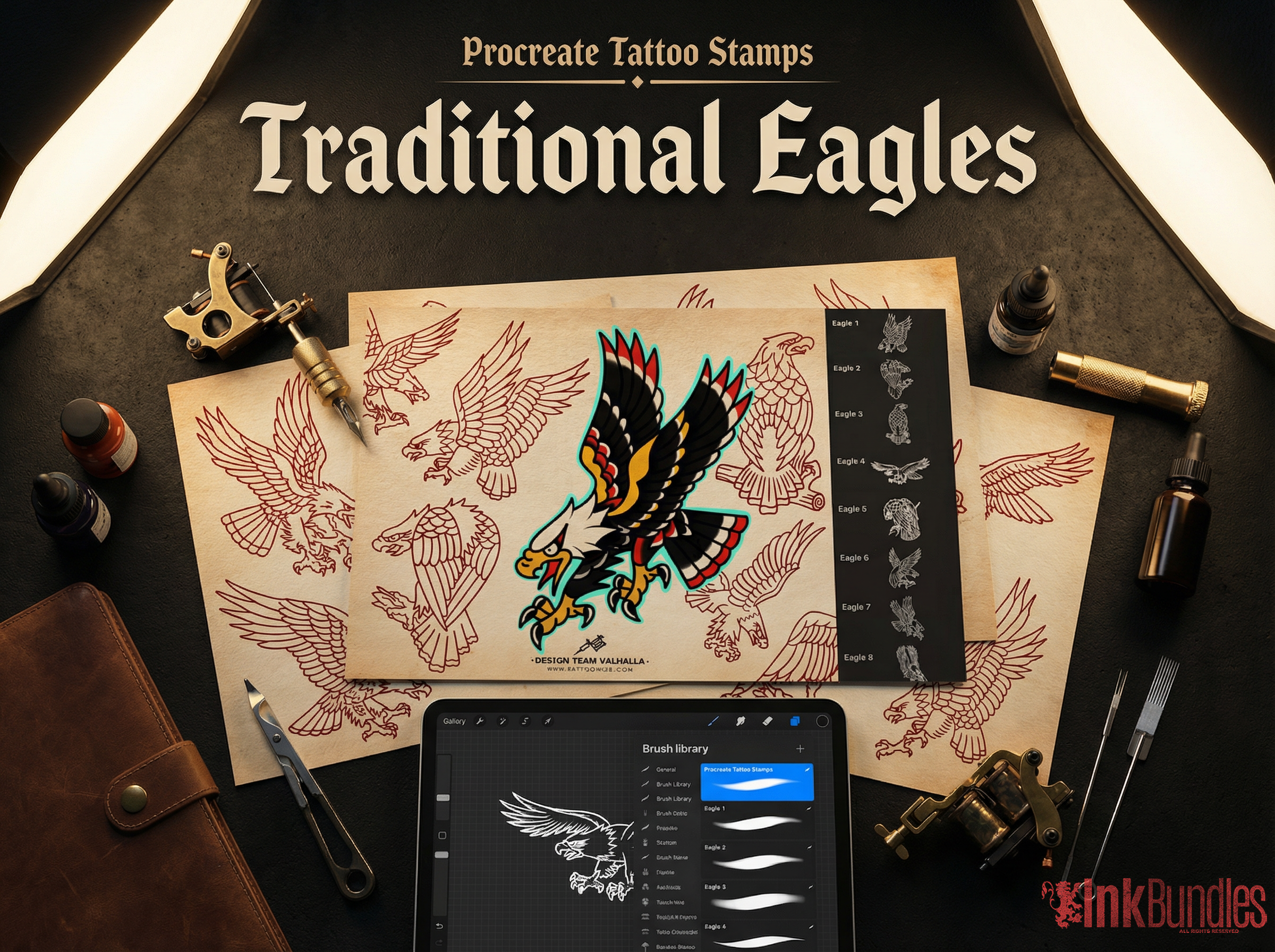 Traditional Tattoo Eagles 100 files, Procreate Stamps, SVG, PNG, EPS