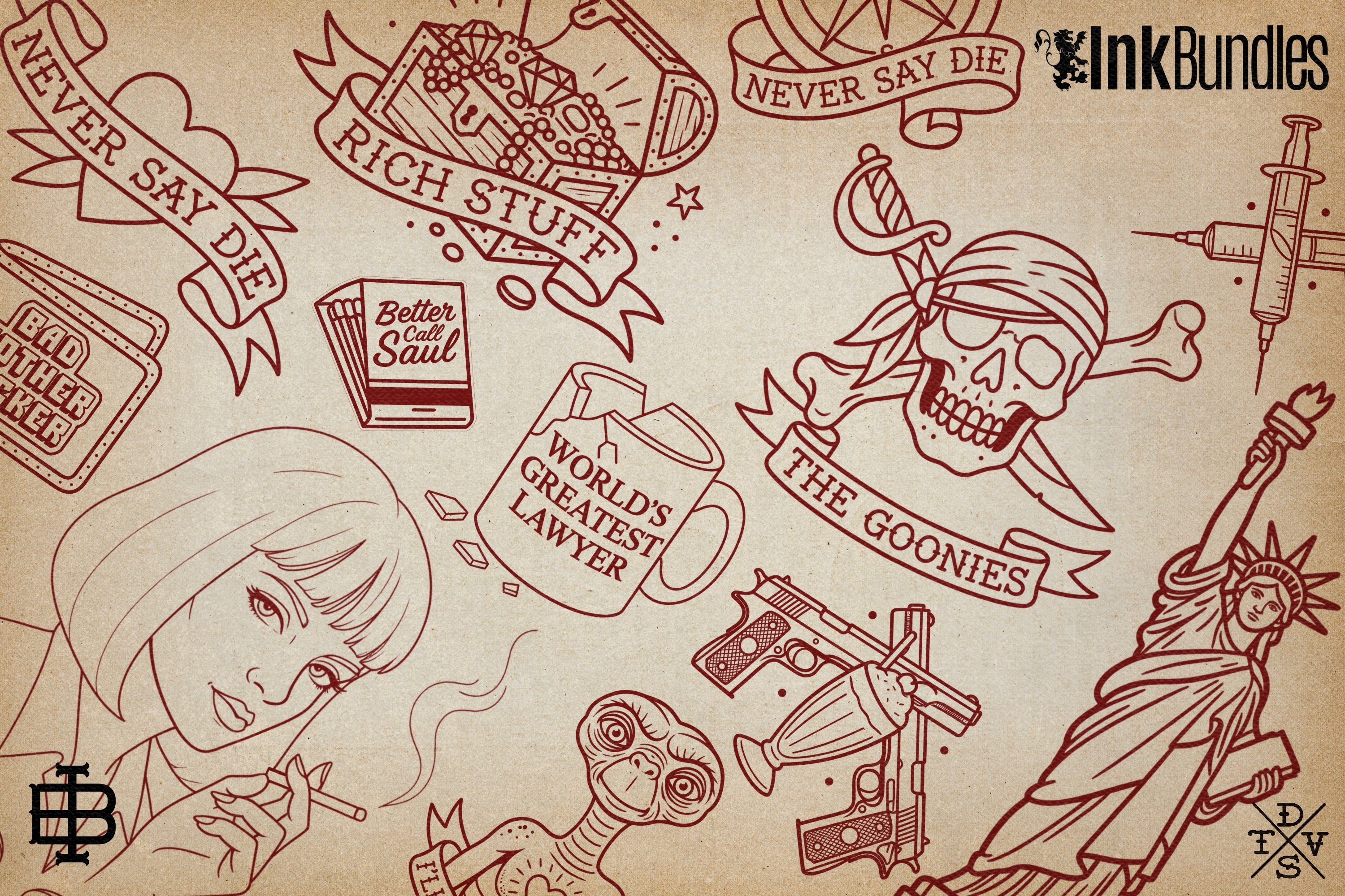Tattoo flash art, Nostalgic design collection ( digital download ) Never say die!