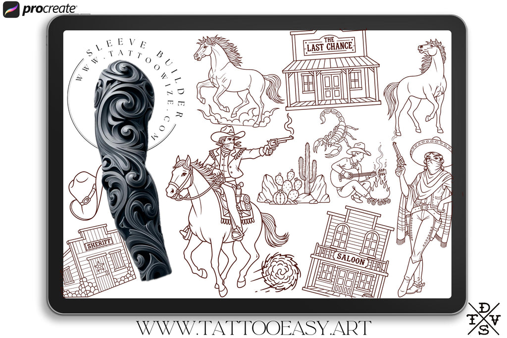 Procreate Tattoo Stamp Brushes, The Wild West (200 Designs)