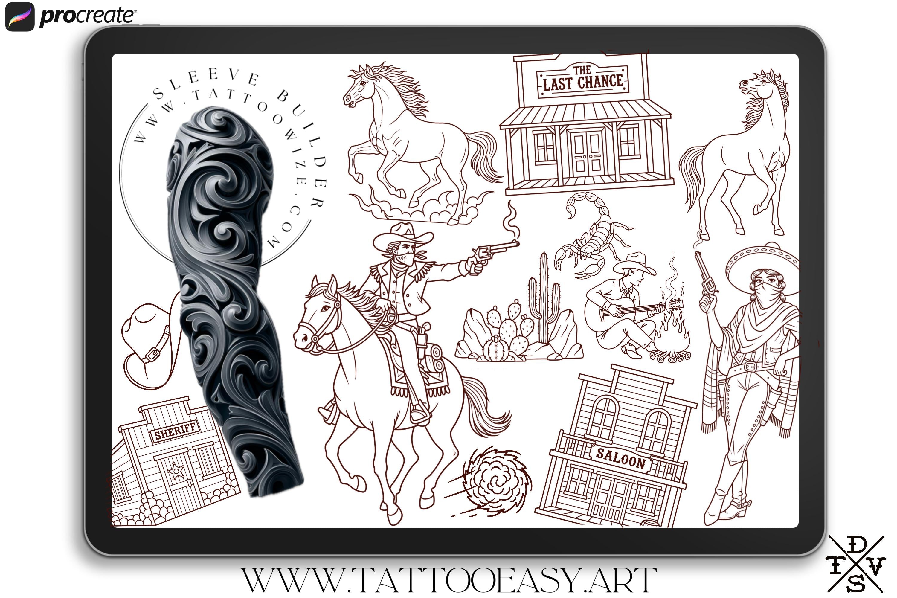 Procreate Tattoo Stamp Brushes, The Wild West (200 Designs)