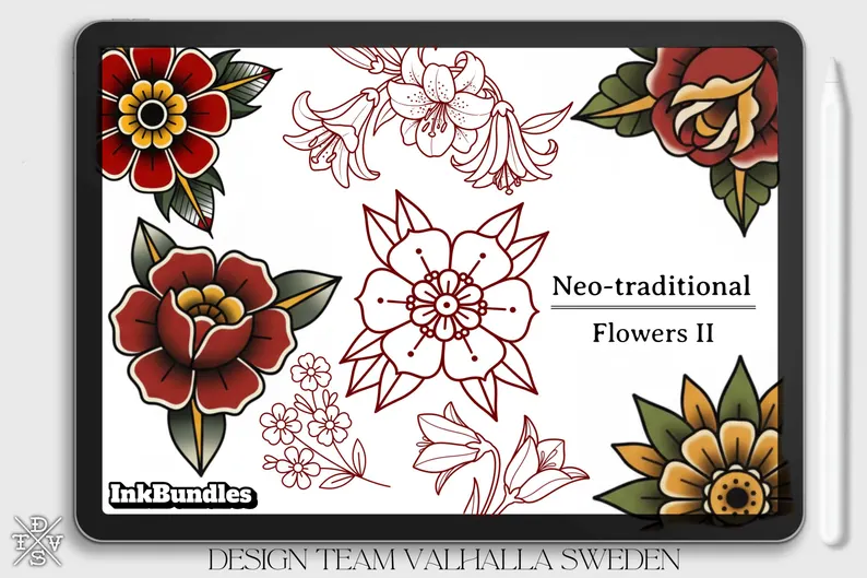 Neo-traditional flowers vol.2 - 100+ custom designs, digital download Procreate/Photoshop Stencils (Digital Download)