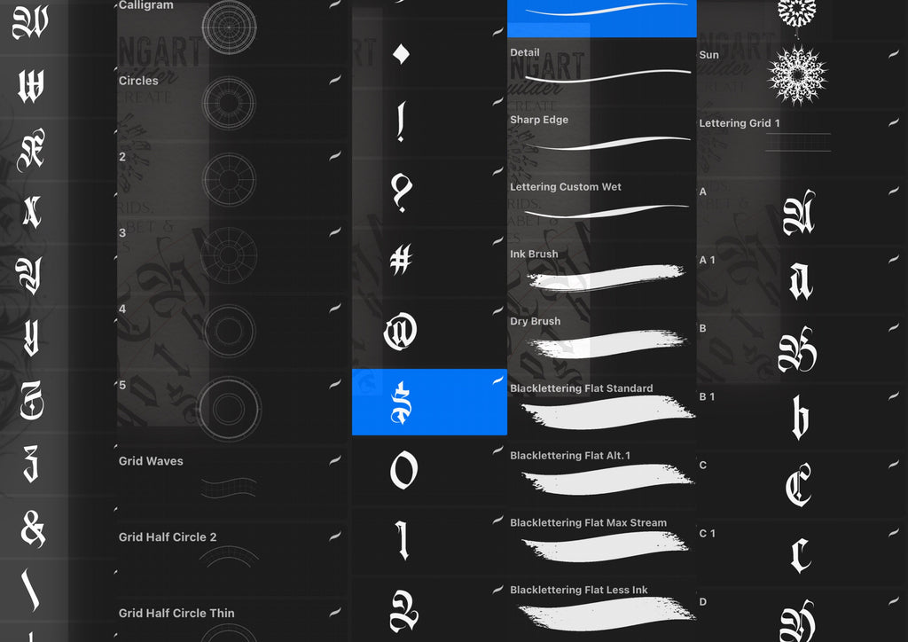 The calligram builder set, black letter brushes, goth alphabet, guides & more