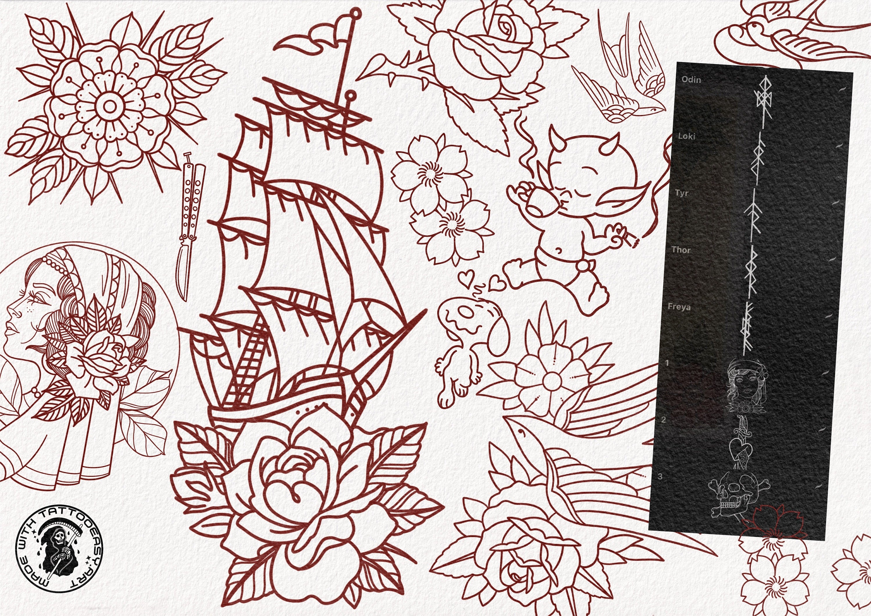 Traditional Tattoo Procreate Stamp brushes, Vol. 5, 100 Designs (Digital Download) studio stencils
