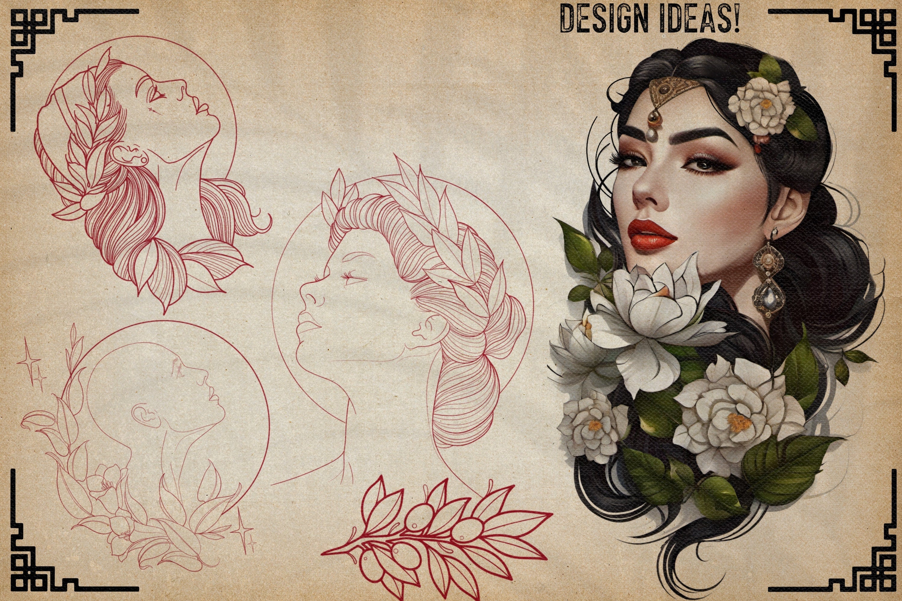 Neo-Traditional Tattoo References, Procreate Stamps & Flash Art, Procreate/Photoshop 300+