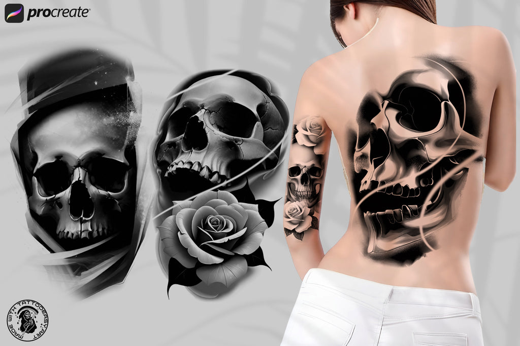 Custom art, Skulls and Flowers, 60+ designs & stencils included, 100% unique references