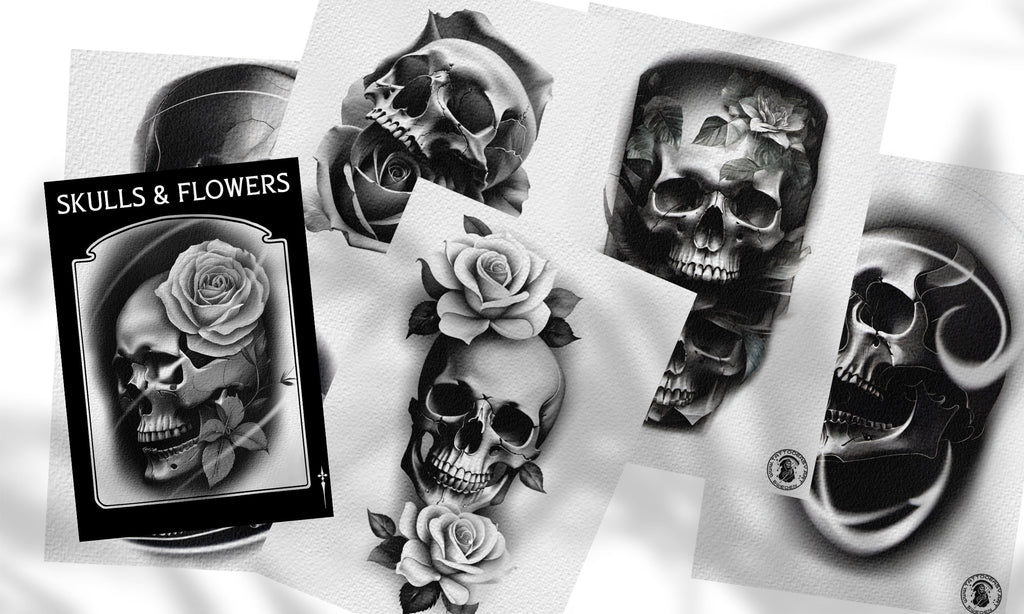 Custom art, Skulls and Flowers, 60+ designs & stencils included, 100% unique references