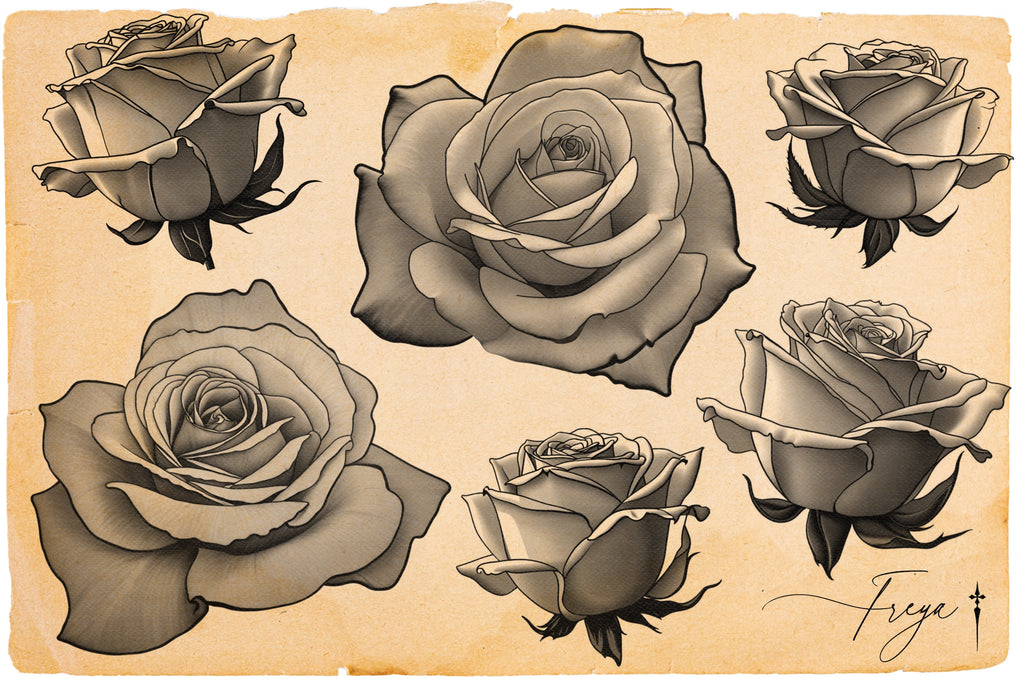 Rose Tattoo Design Kit: Procreate Stamps, Stencils (150+ PNG Files)