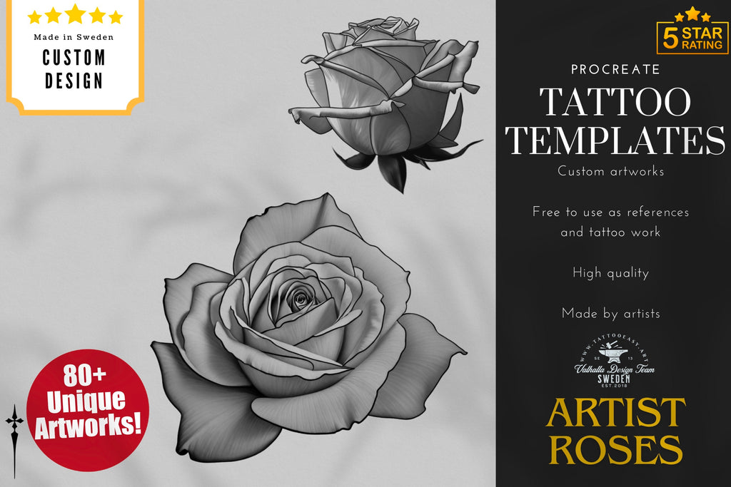 Rose Tattoo Design Kit: Procreate Stamps, Stencils (150+ PNG Files)