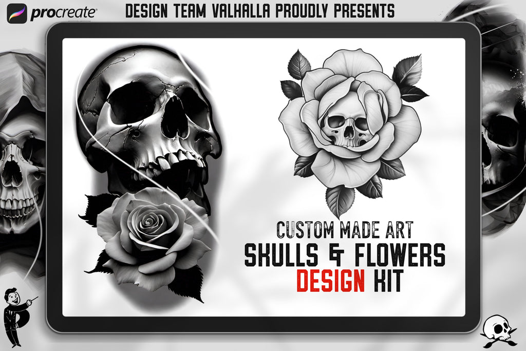 Custom art, Skulls and Flowers, 60+ designs & stencils included, 100% unique references