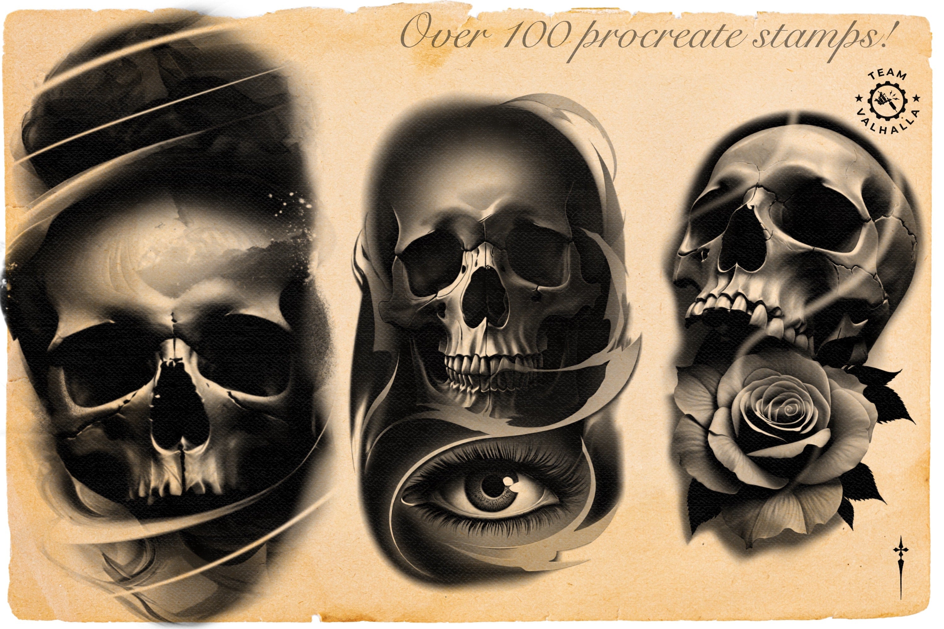 Necronomicon, 100+ dark tattoo inspired stamps for Procreate, unique designs from Team Valhalla