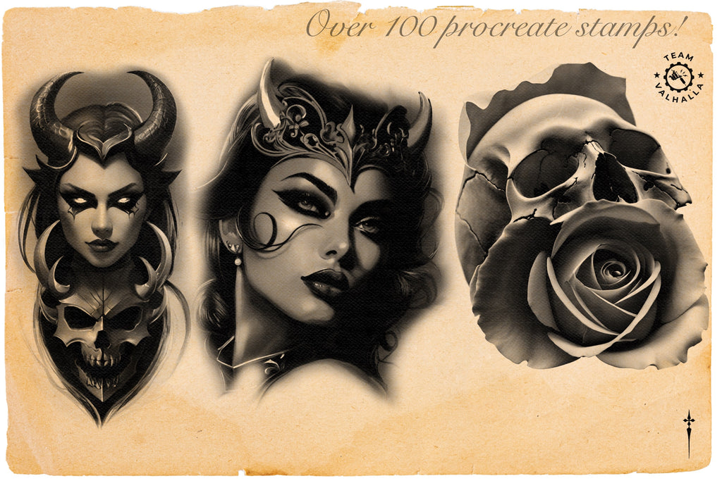 Necronomicon, 100+ dark tattoo inspired stamps for Procreate, unique designs from Team Valhalla