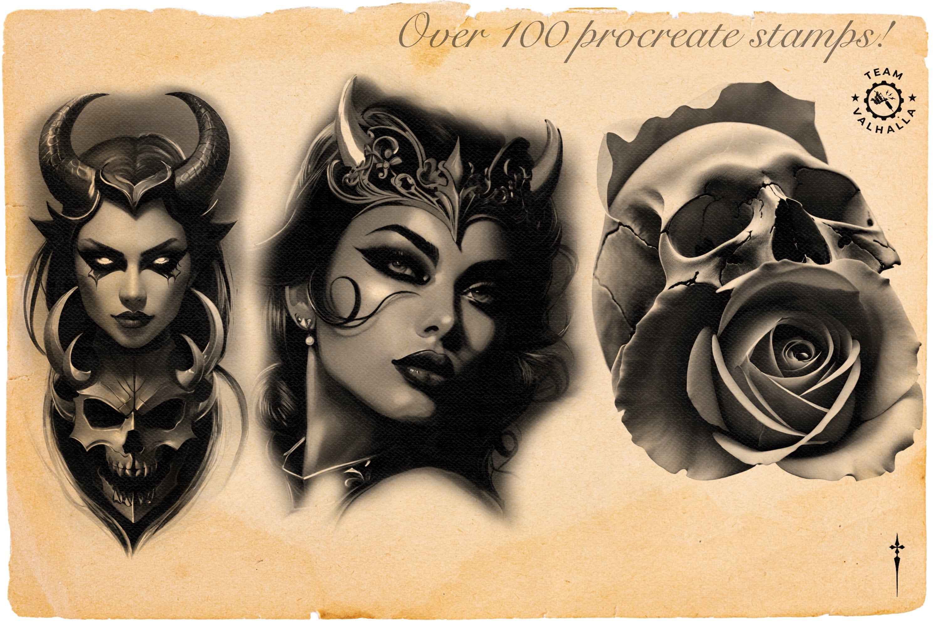 Necronomicon, 100+ dark tattoo inspired stamps for Procreate, unique designs from Team Valhalla