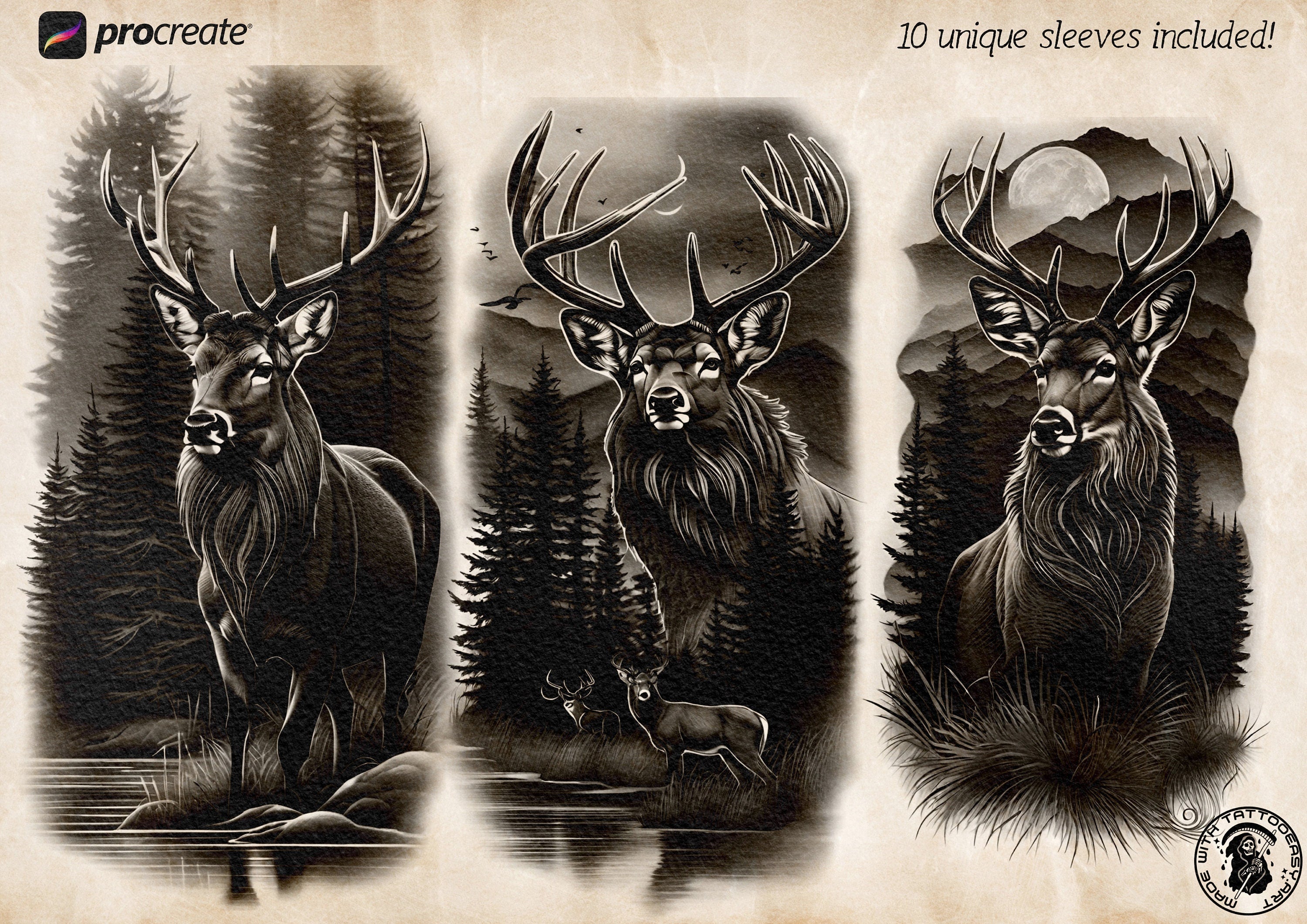 Deer Tattoo Stencils for Procreate: Unique Artist Reference (Digital Download)