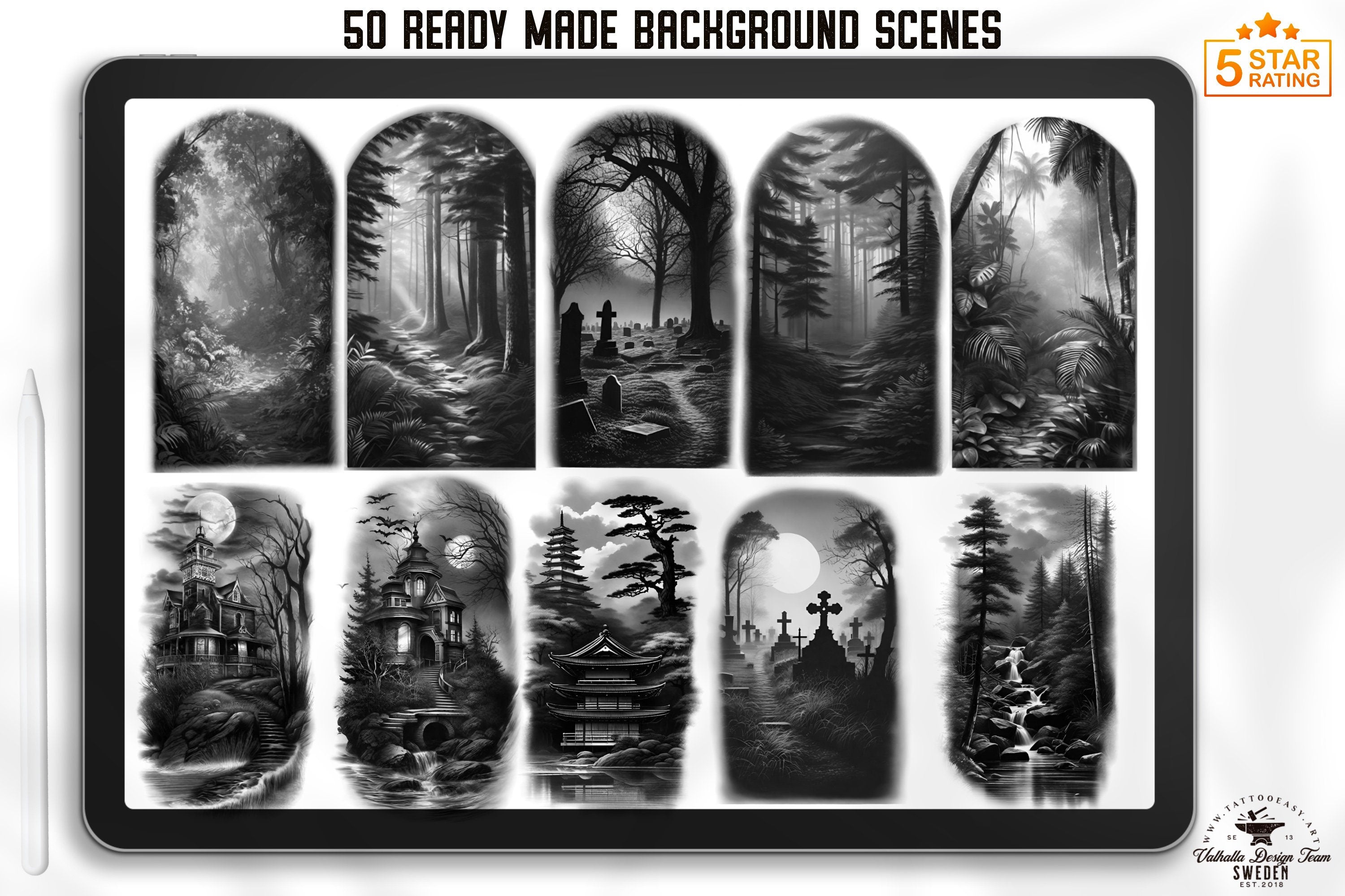 Procreate, Flow / tattoo Background design kit, 180+ unique procreate brushes & stamps