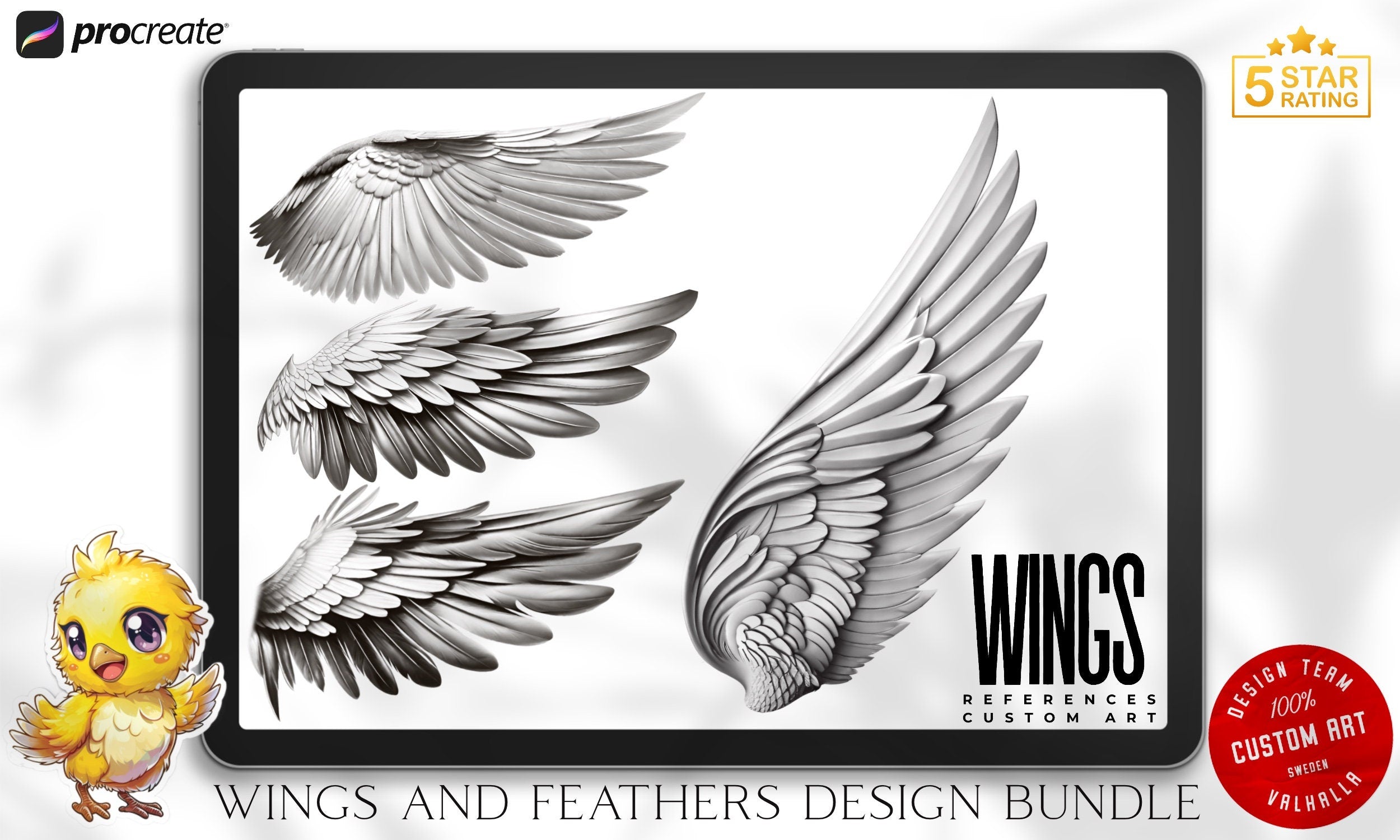 Wings & feathers design bundle, 100+ unique designs + textured brushes for Procreate