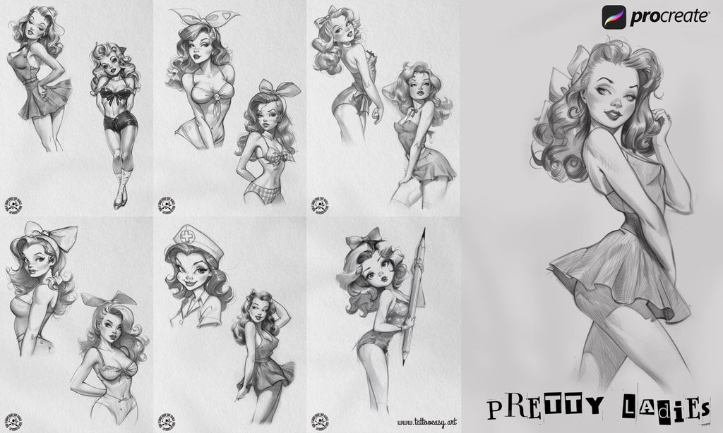 Drawing Pretty Ladies, 100+ Cartoon pinups, Procreate stamps and pdf