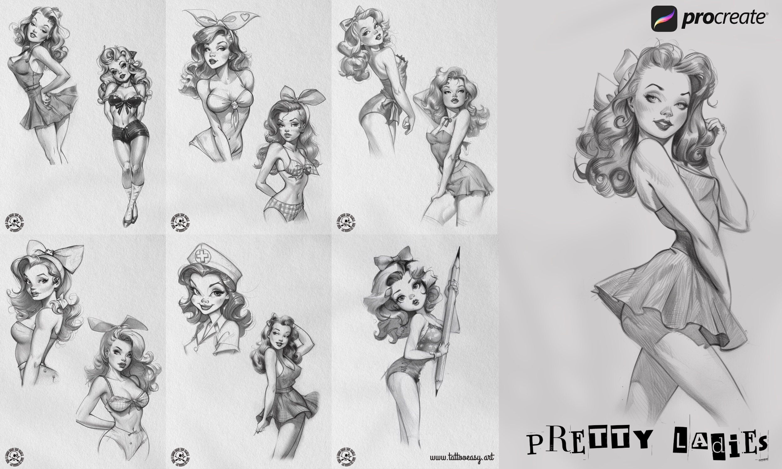 Drawing Pretty Ladies, 100+ Cartoon pinups, Procreate stamps and pdf