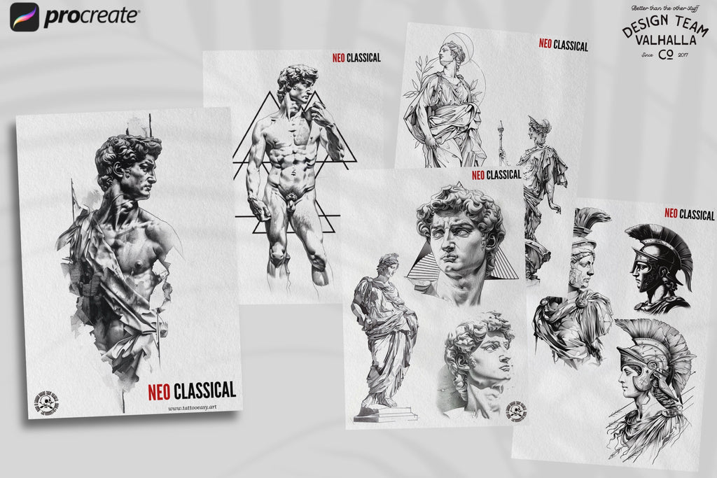 Neo classical, custom fine art tattoo references, pdf & 100 procreate stamp brushes