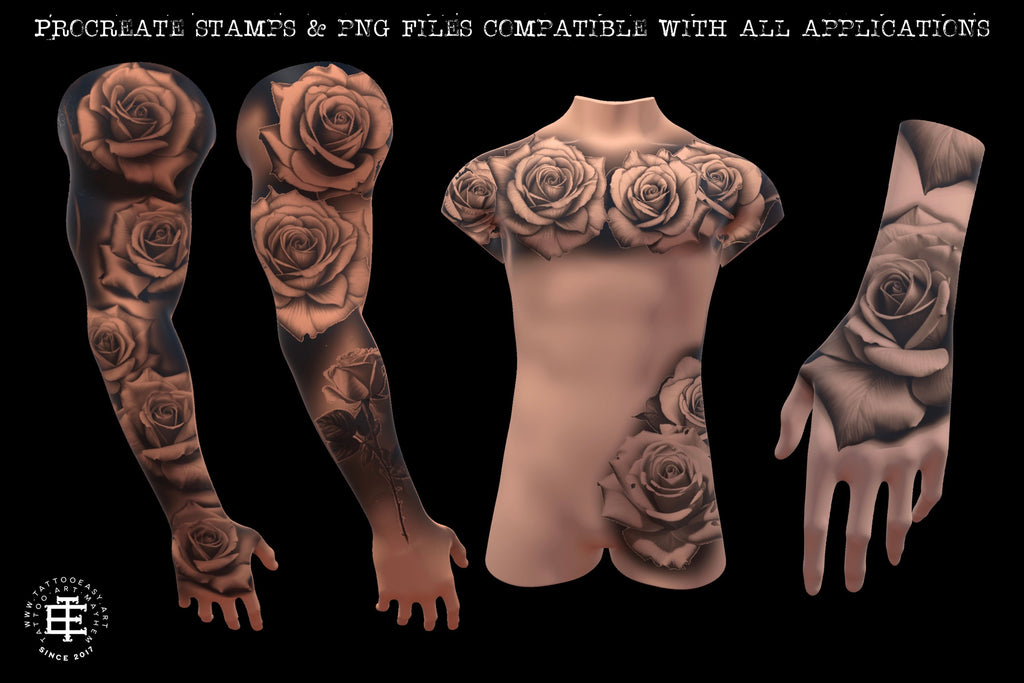 Rose Tattoo Design Kit: Procreate Stamps, Stencils (150+ PNG Files)