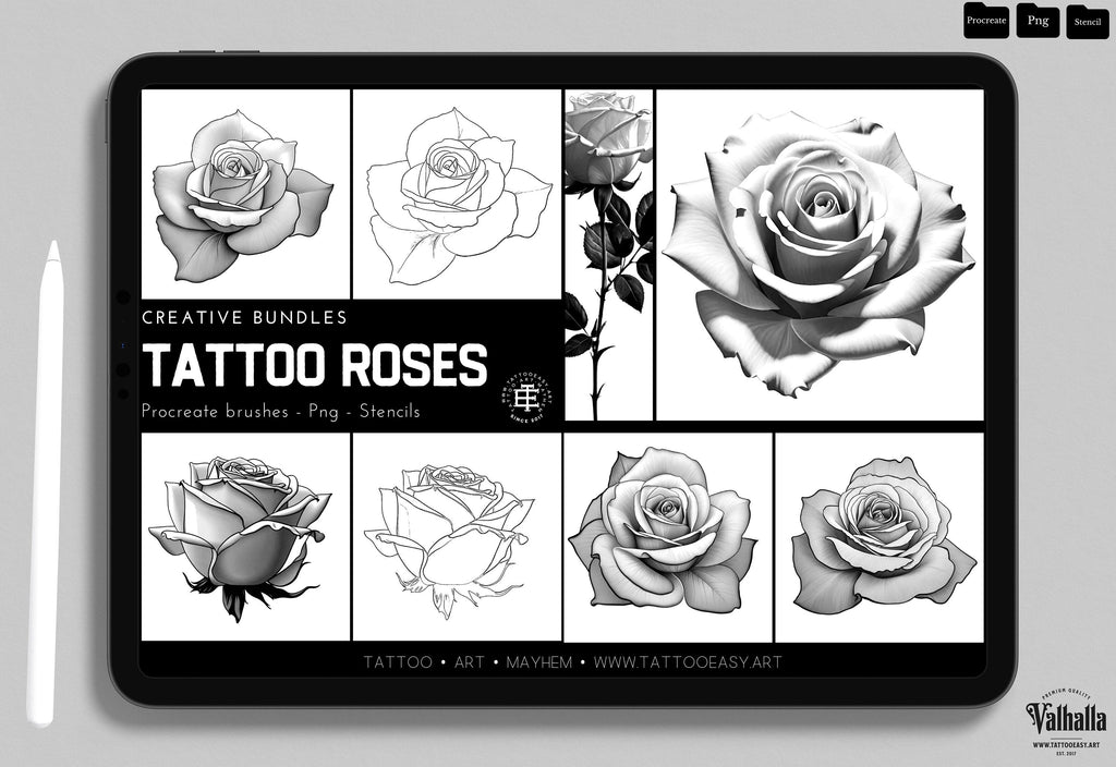 Rose Tattoo Design Kit: Procreate Stamps, Stencils (150+ PNG Files)