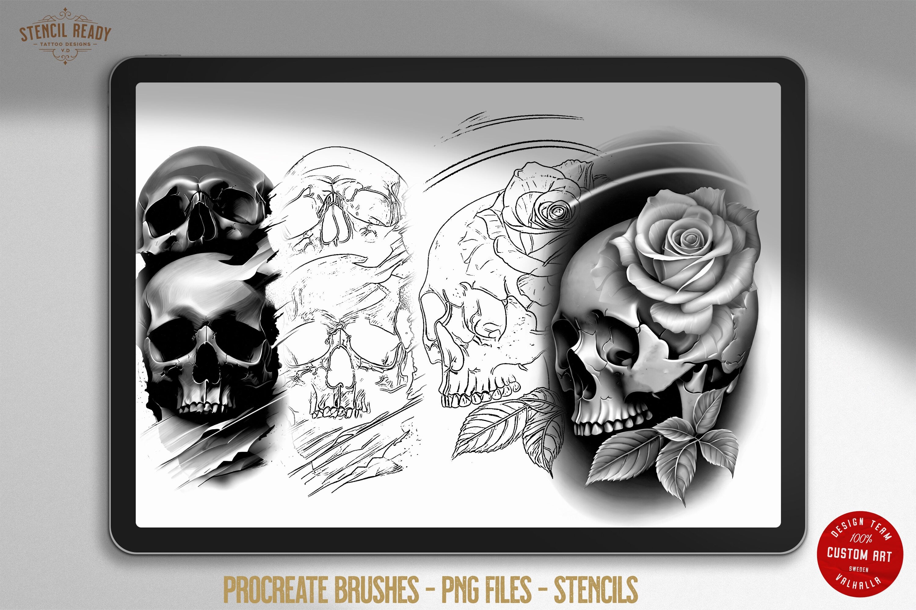 Custom art, Skulls and Flowers, 60+ designs & stencils included, 100% unique references