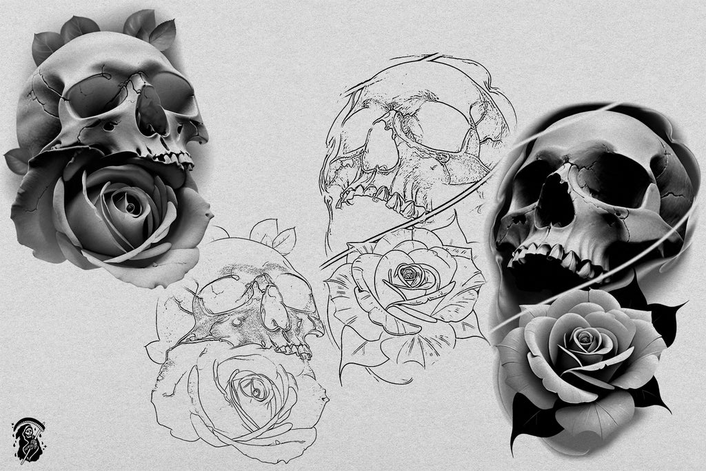 Custom art, Skulls and Flowers, 60+ designs & stencils included, 100% unique references
