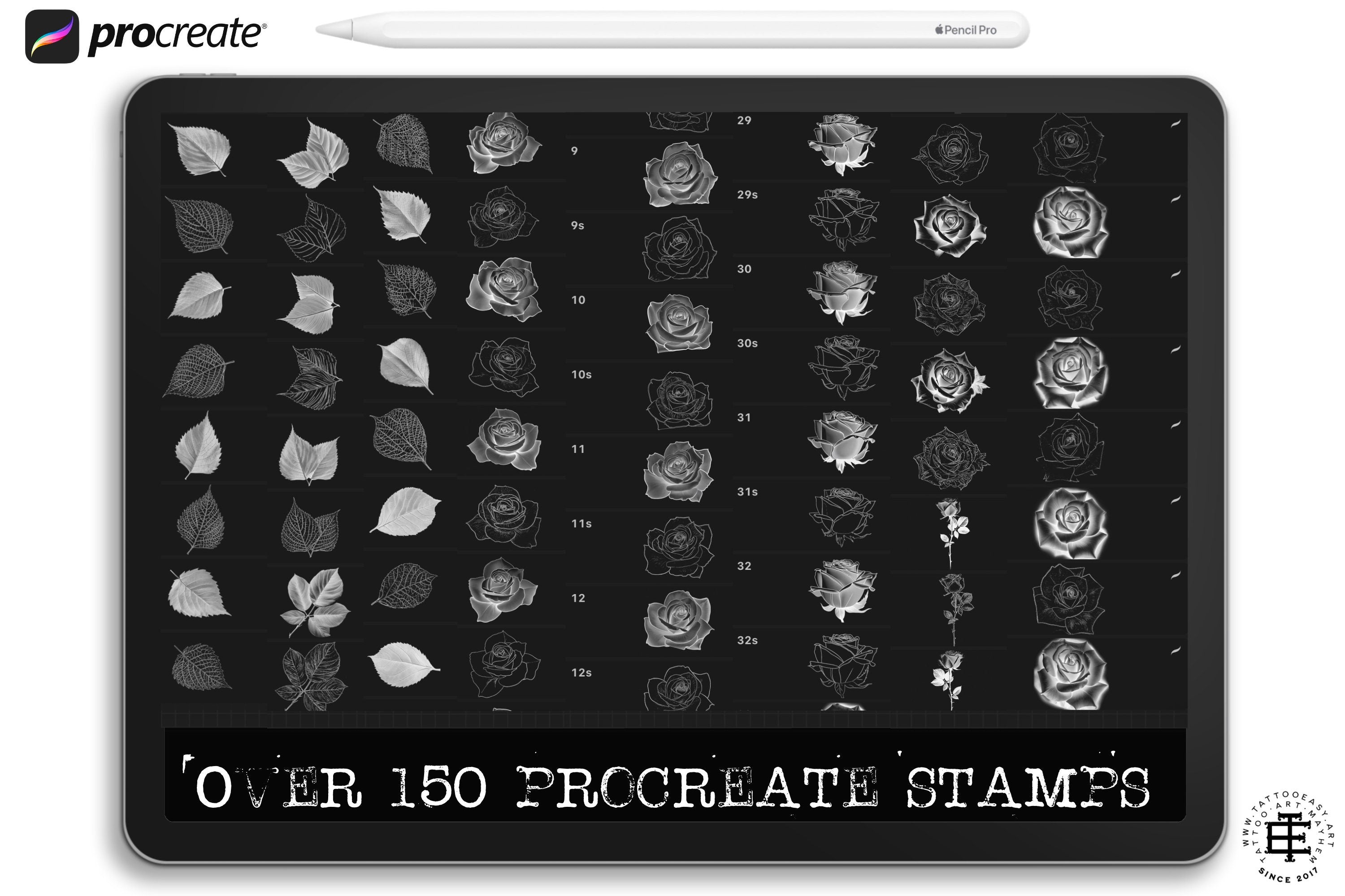 Rose Tattoo Design Kit: Procreate Stamps, Stencils (150+ PNG Files)