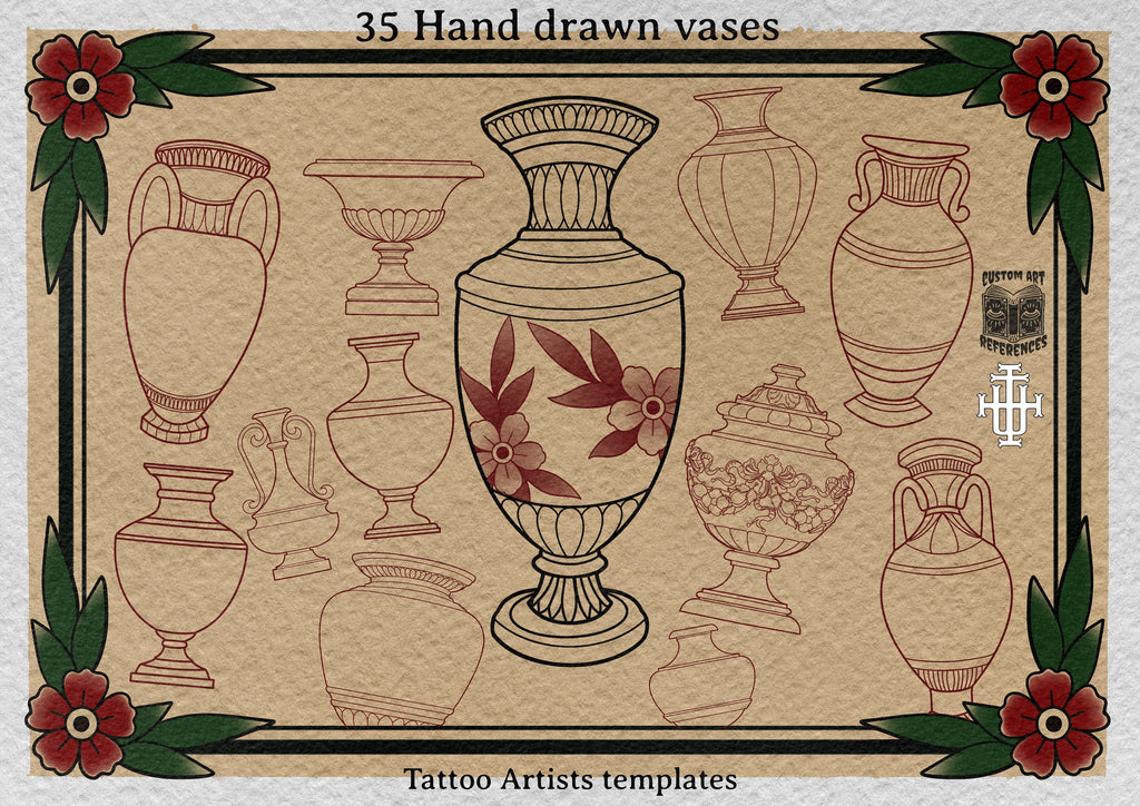 Procreate tattoo art, 35 vases drawn by hand ~ ready made tattoo templates