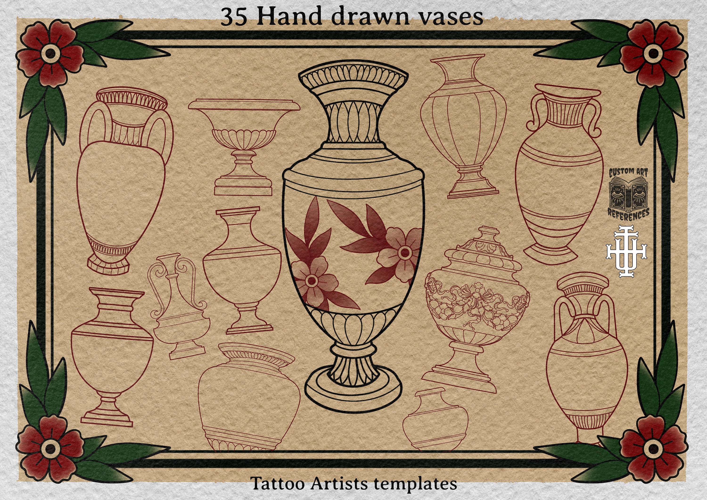 Procreate tattoo art, 35 vases drawn by hand ~ ready made tattoo templates