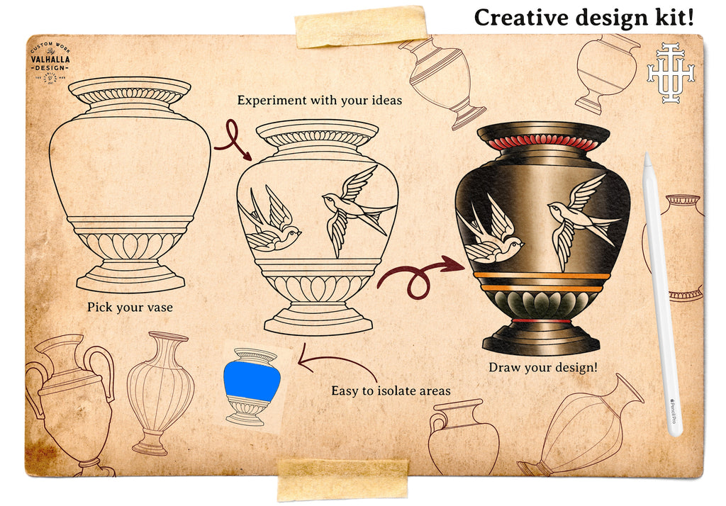 Procreate tattoo art, 35 vases drawn by hand ~ ready made tattoo templates