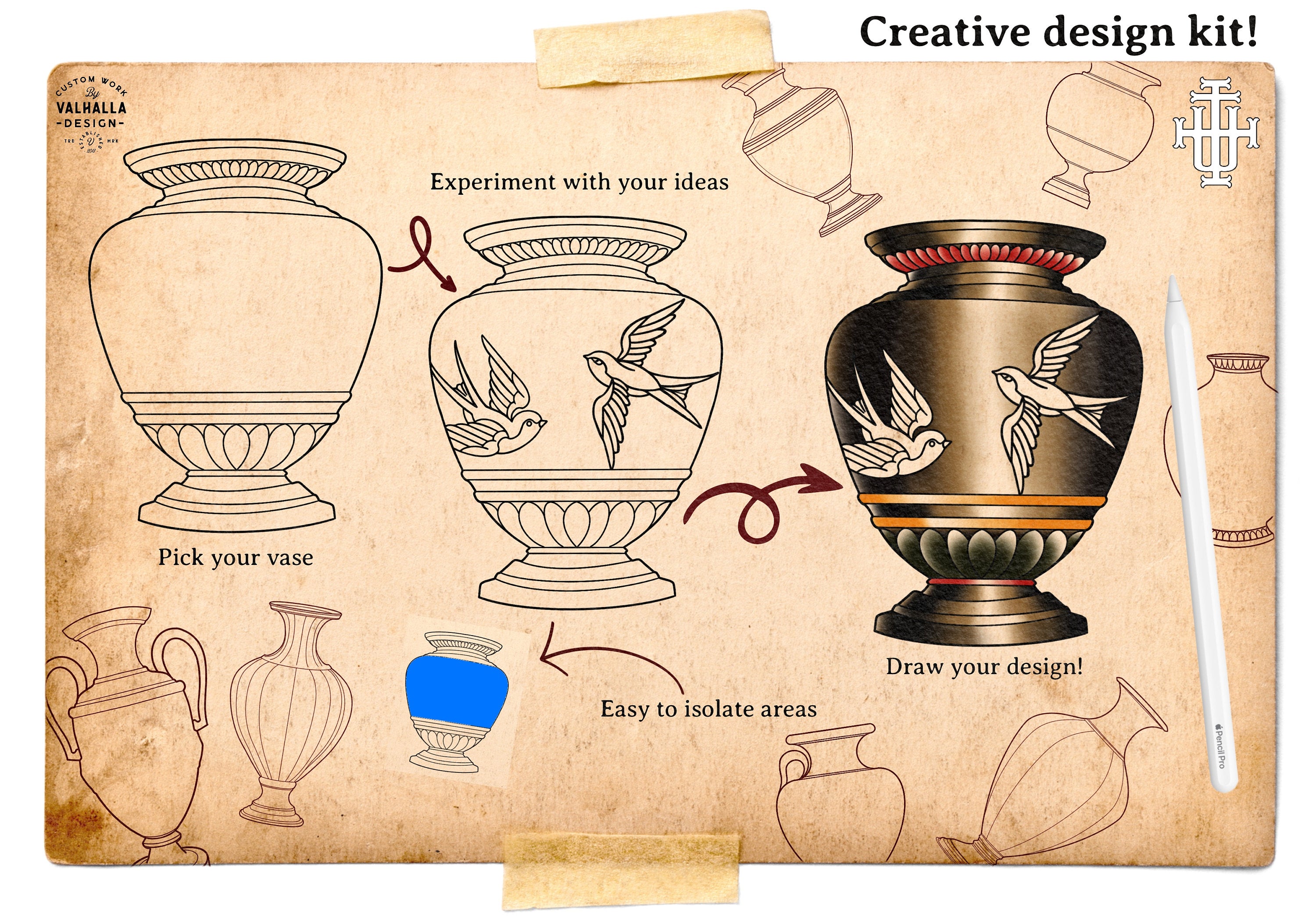 Procreate tattoo art, 35 vases drawn by hand ~ ready made tattoo templates