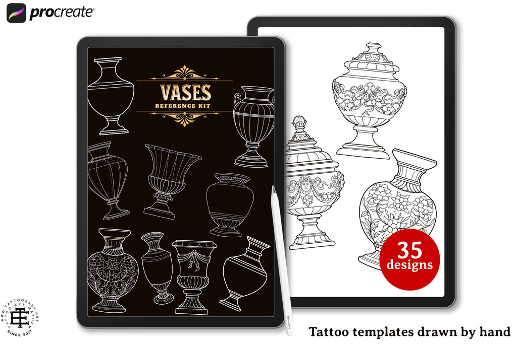 Procreate tattoo art, 35 vases drawn by hand ~ ready made tattoo templates
