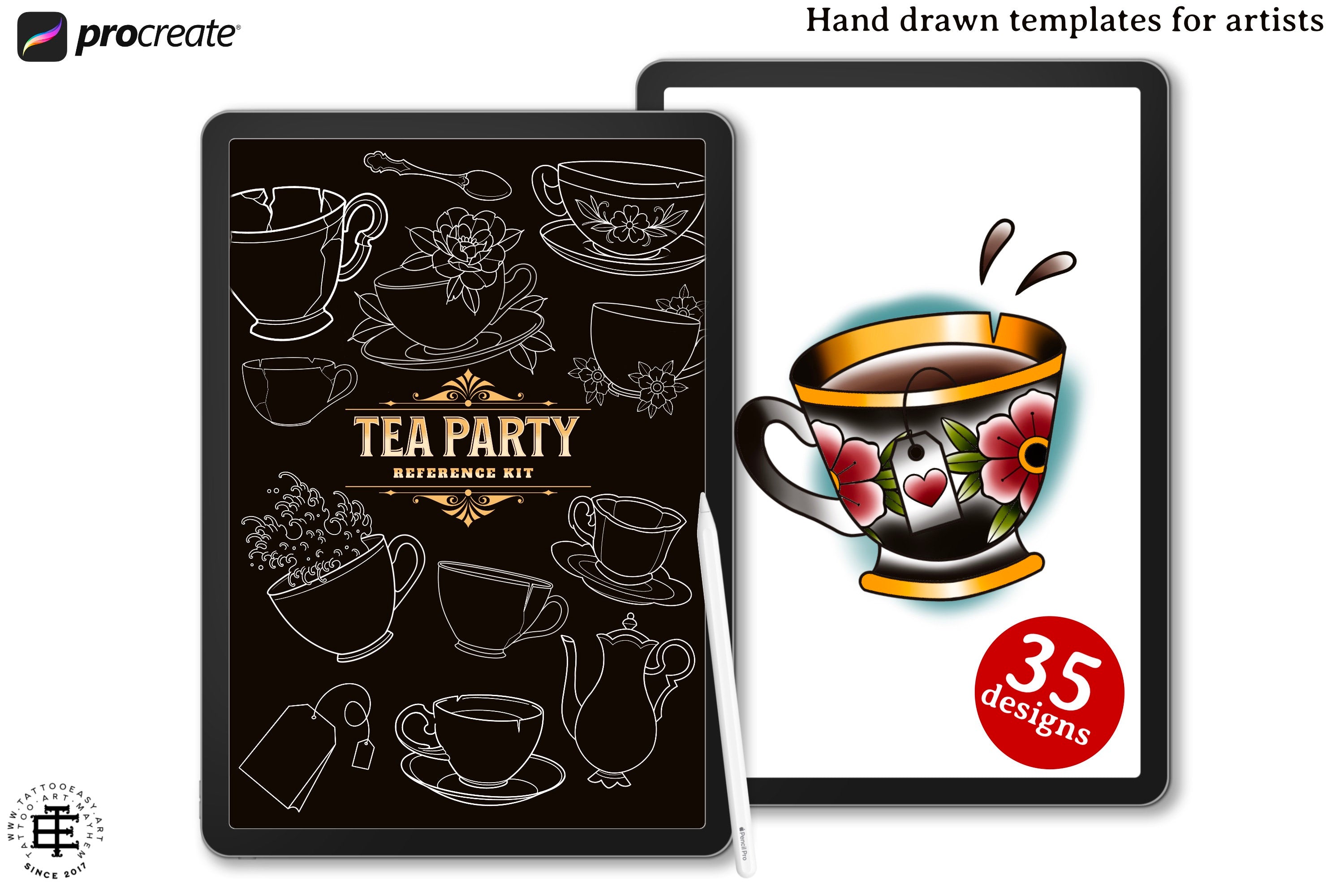 Procreate, Tea party, 35 designs drawn by hand ~ ready made tattoo templates