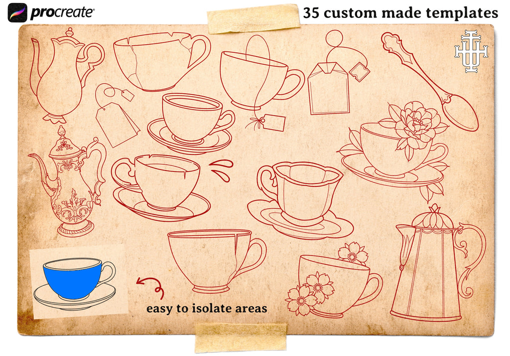 Procreate, Tea party, 35 designs drawn by hand ~ ready made tattoo templates